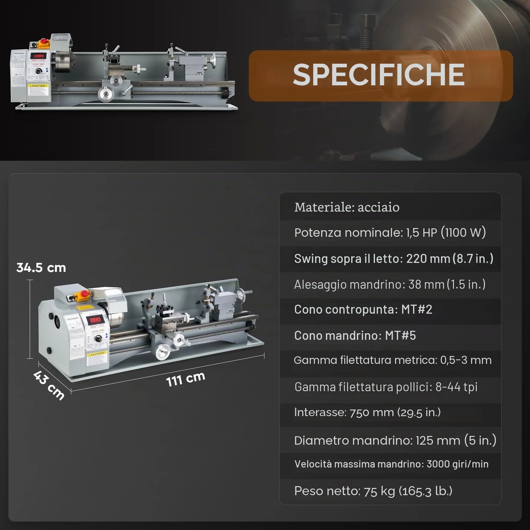 CREWORKS 1100W 220 x 750 MM Mini Tornio in Metallo, 50-2250 RPM Tornio da Banco in Metallo con Mandrino a 3 Ganasce per Fai da Te Lavorazione del Legno e dei Metalli