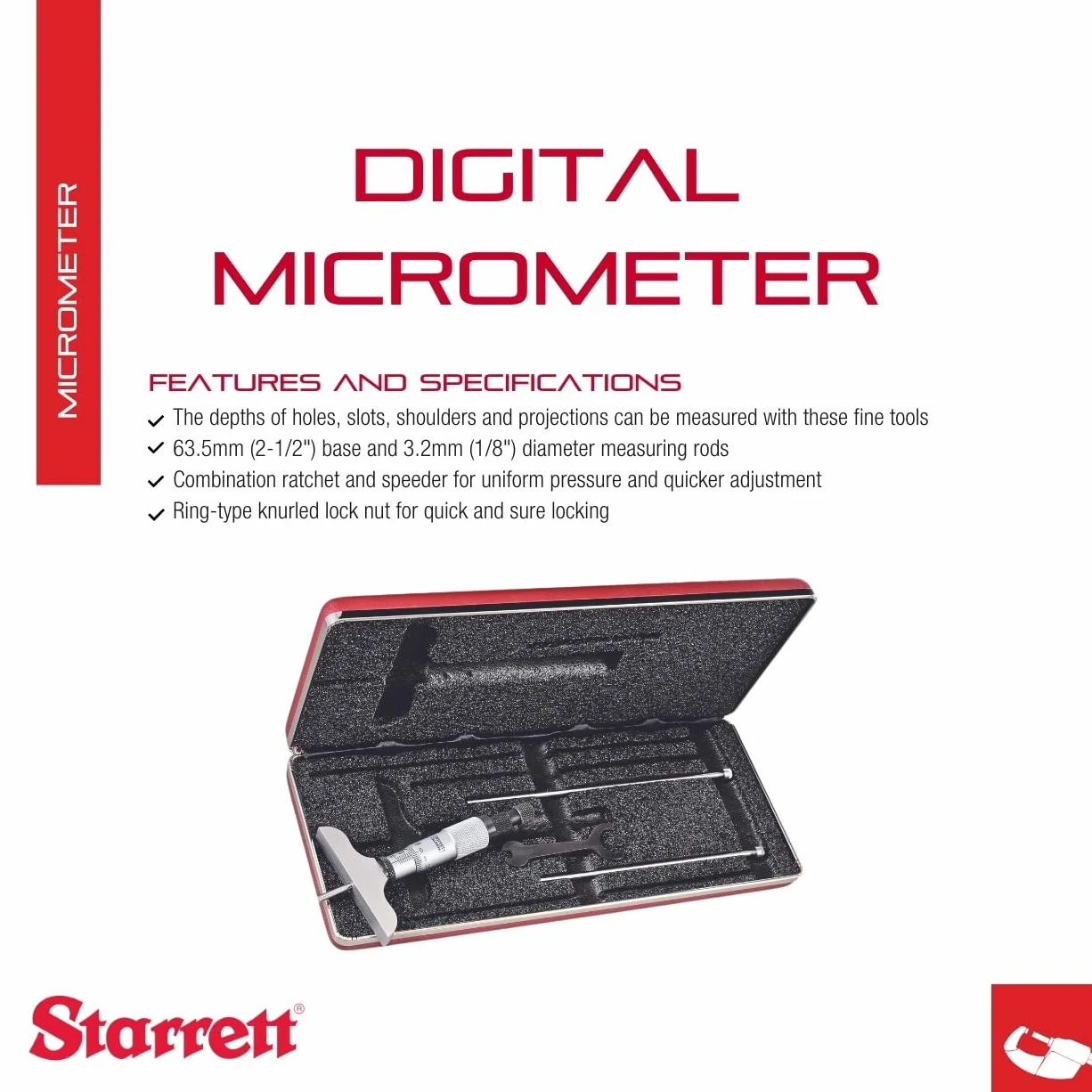 Starrett 440MZ-75RL Micrometro profondità 0-75 mm base 63,5 mm cricchetto bloccaggio