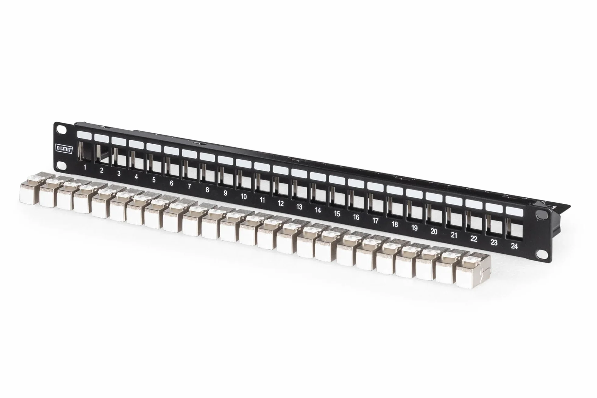 DIGITUS PatchPanel Set – 24 porte – con 24 moduli Keystone DN-93615 – 500 MHz – CAT 6A – Montaggio su rack in armadio di rete da 19 pollici – 1 U – Nero