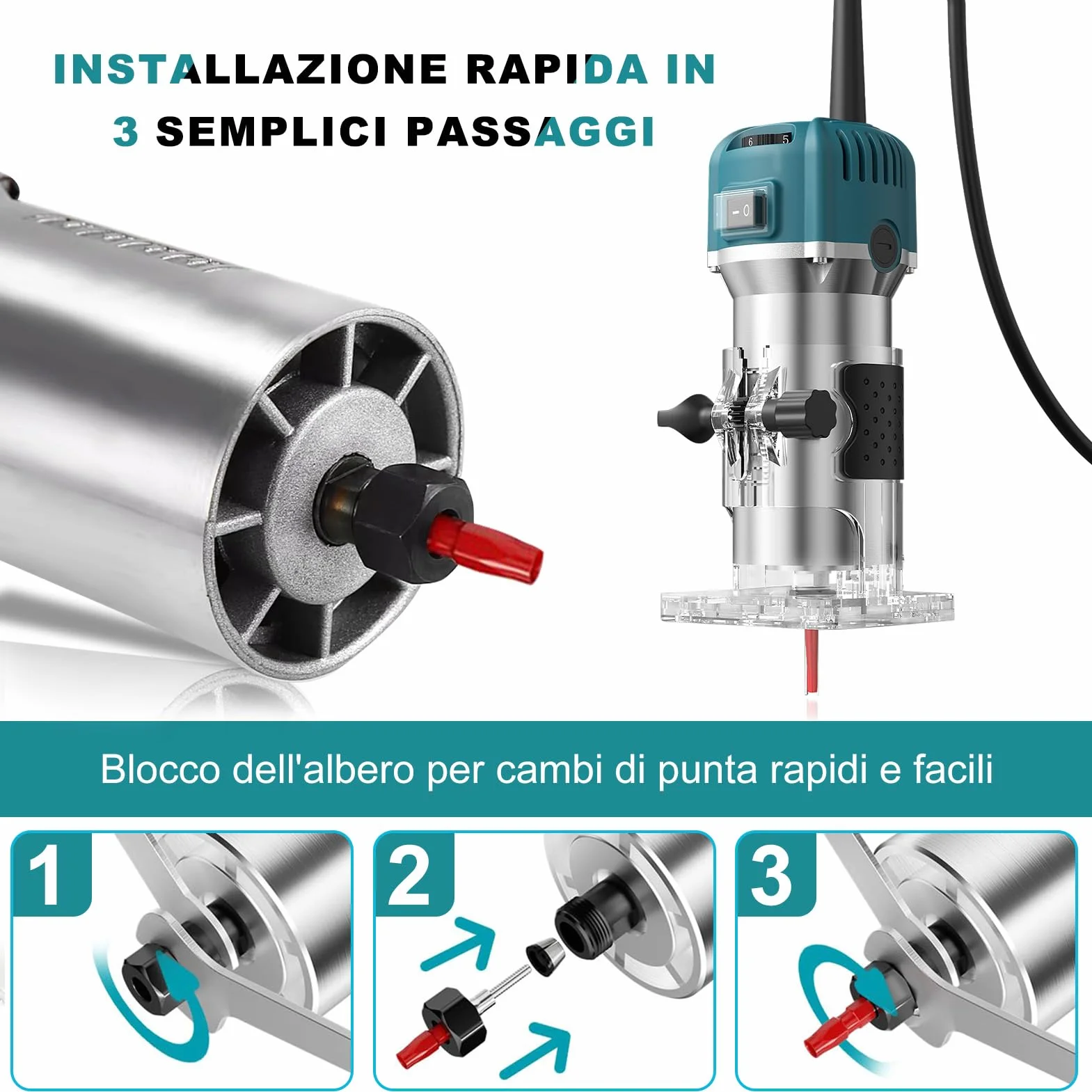 Rifilatore Fresatrice Verticale per legno, 800W 28000RPM Legno Rifilatrice Elettrica, 6.35mm Mandrino 6 Velocità Variabili Elettrica Fresatrice Palmare Con 15 pezzi 1/4" Fresatura Cuter