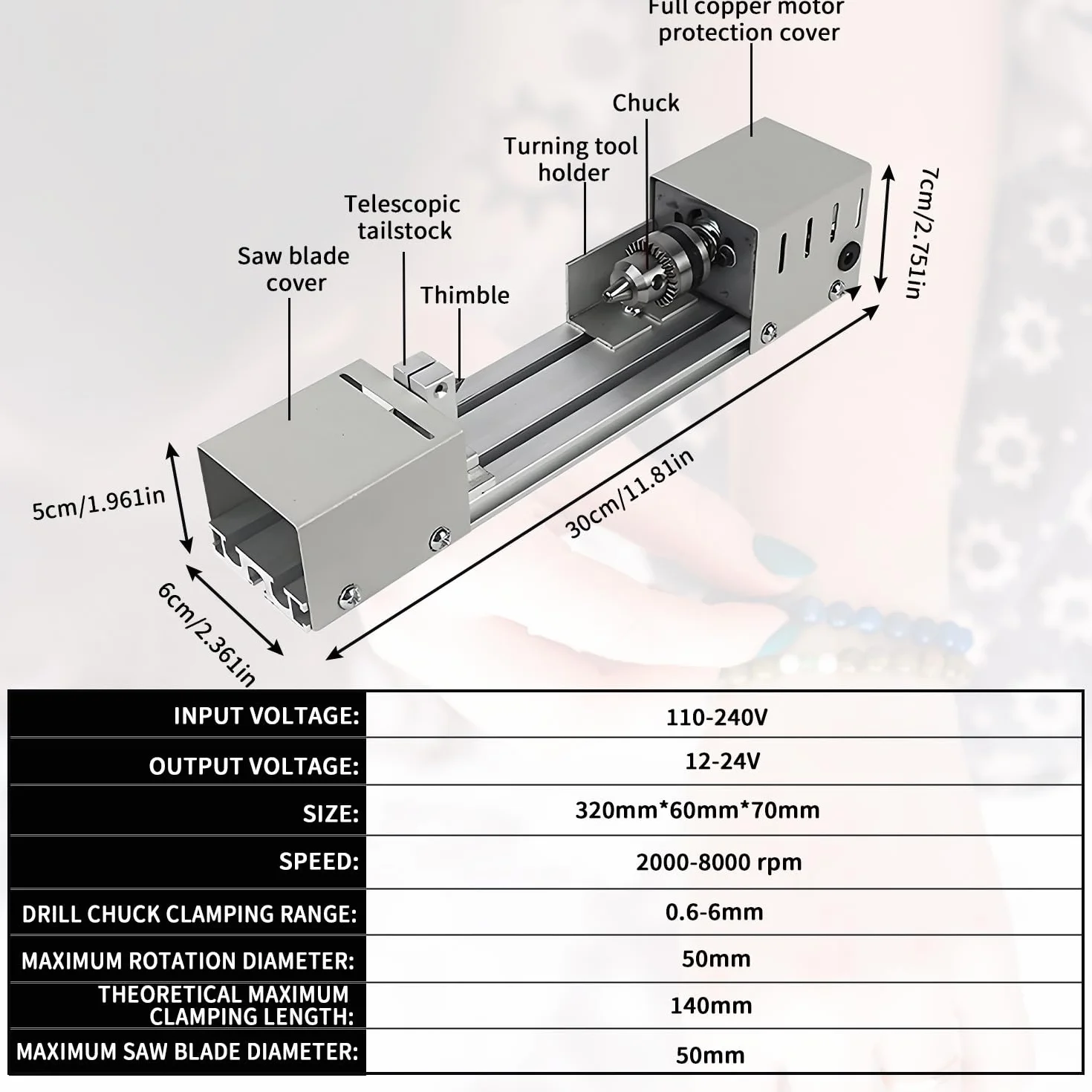 Mini Tornio da 125 W, 2000 – 8000 giri/min, Metallo Piccolo Tornio con Regolazione a 7 Marce, Campo di serraggio da 0.02 – 0.24 Pollici, Mini Tornio in Metallo per Tornitura, Scanalatura e Rettifica
