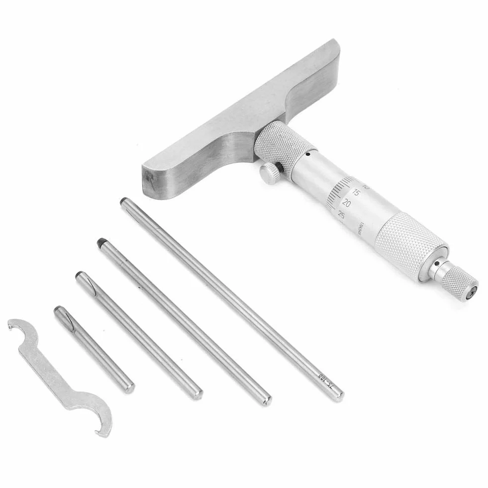 Calibro micrometrico di profondità 0,01 mm a testa tonda Strumento di misurazione 0-100 mm 4 pollici + 5 bielle