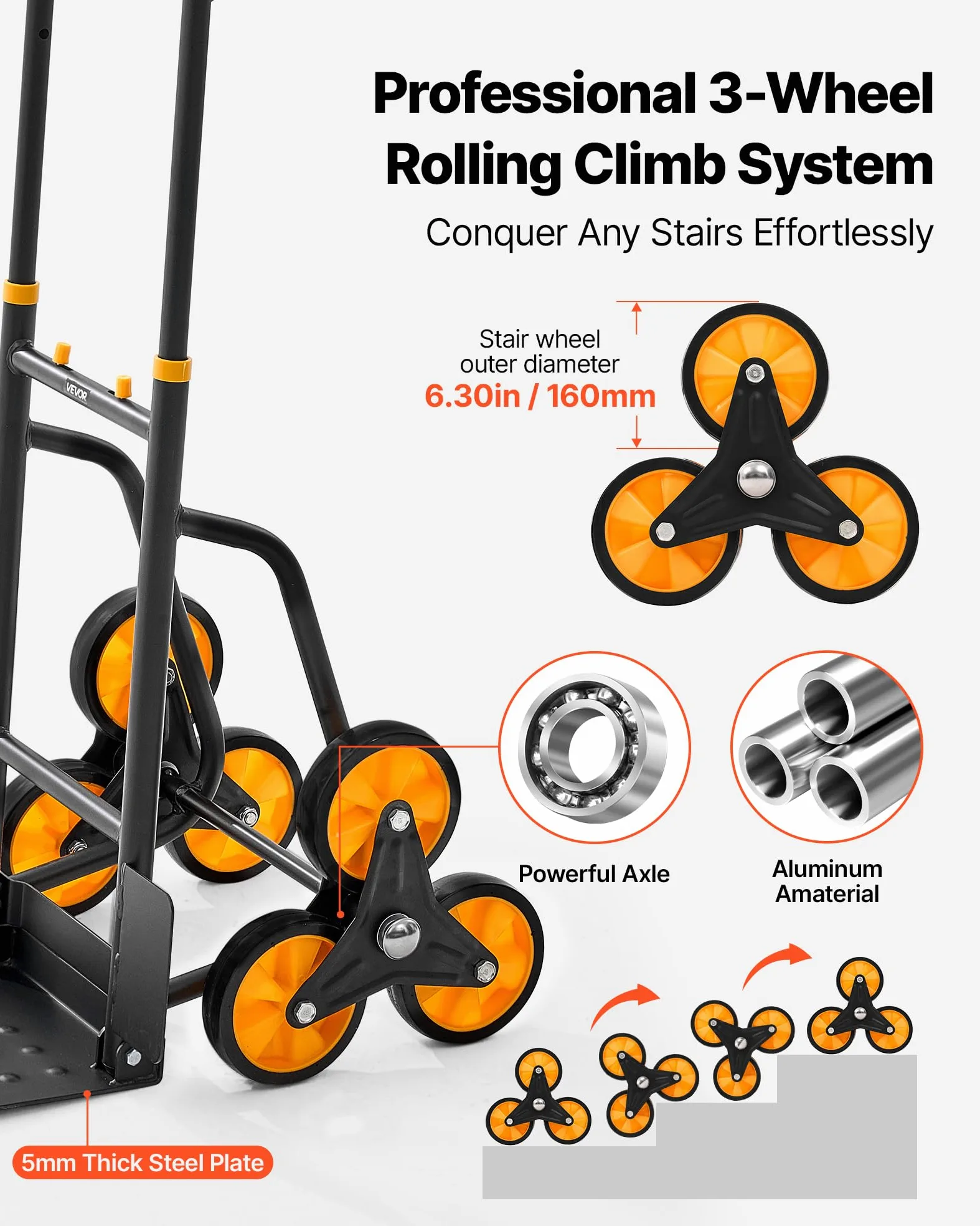 VEVOR Carrello Saliscale Capacità di Salita Scale 200 kg, Carrello Pieghevole per Carichi Pesanti con Maniglia Telescopica, 6 Ruote e 2 Corde Elastiche, per Casa, Generi Alimentari, Magazzino
