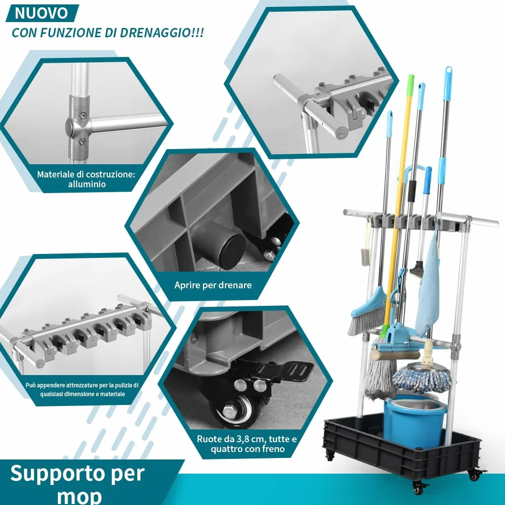 Carrello di pulizia mobile Supporto per scopa e mocio per pavimenti bagnati