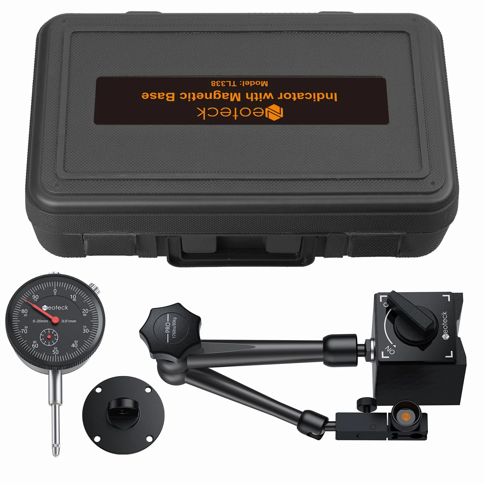 Neoteck Comparatore Centesimale Meccanico 0-20mm con Base Magnetica Set Indicatore Metrico in Acciaio Inox + Staffa Flessibile braccio Porta Quadrante Max Pull 80KG Controllo ON/OFF -Nero