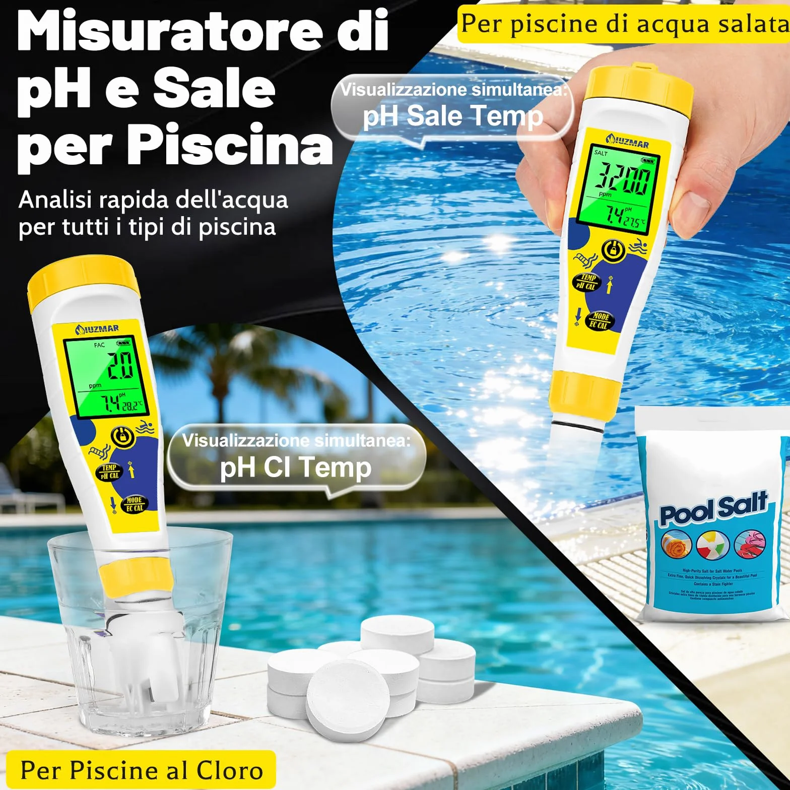Misuratore Cloro e pH Digitale 7 in 1, Test Piscina pH Cloro Sale Temperatura, Salinità EC TDS ORP per Idroponica