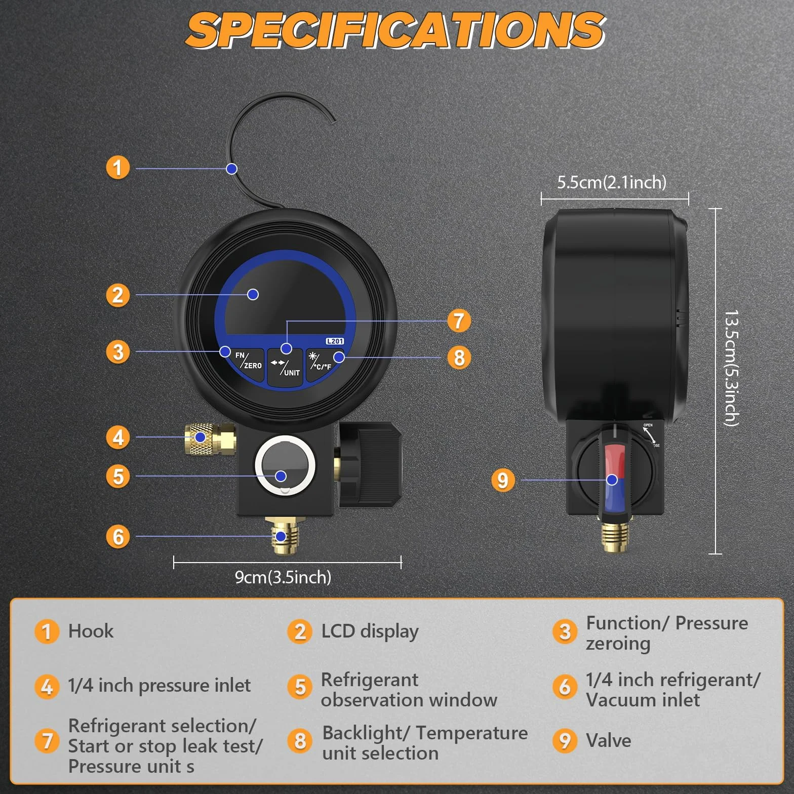 Misuratore digitale refrigerante 3 in 1 test sottovuoto pressione R32 R134A R1234yf manometro precisione ±0,5% FS