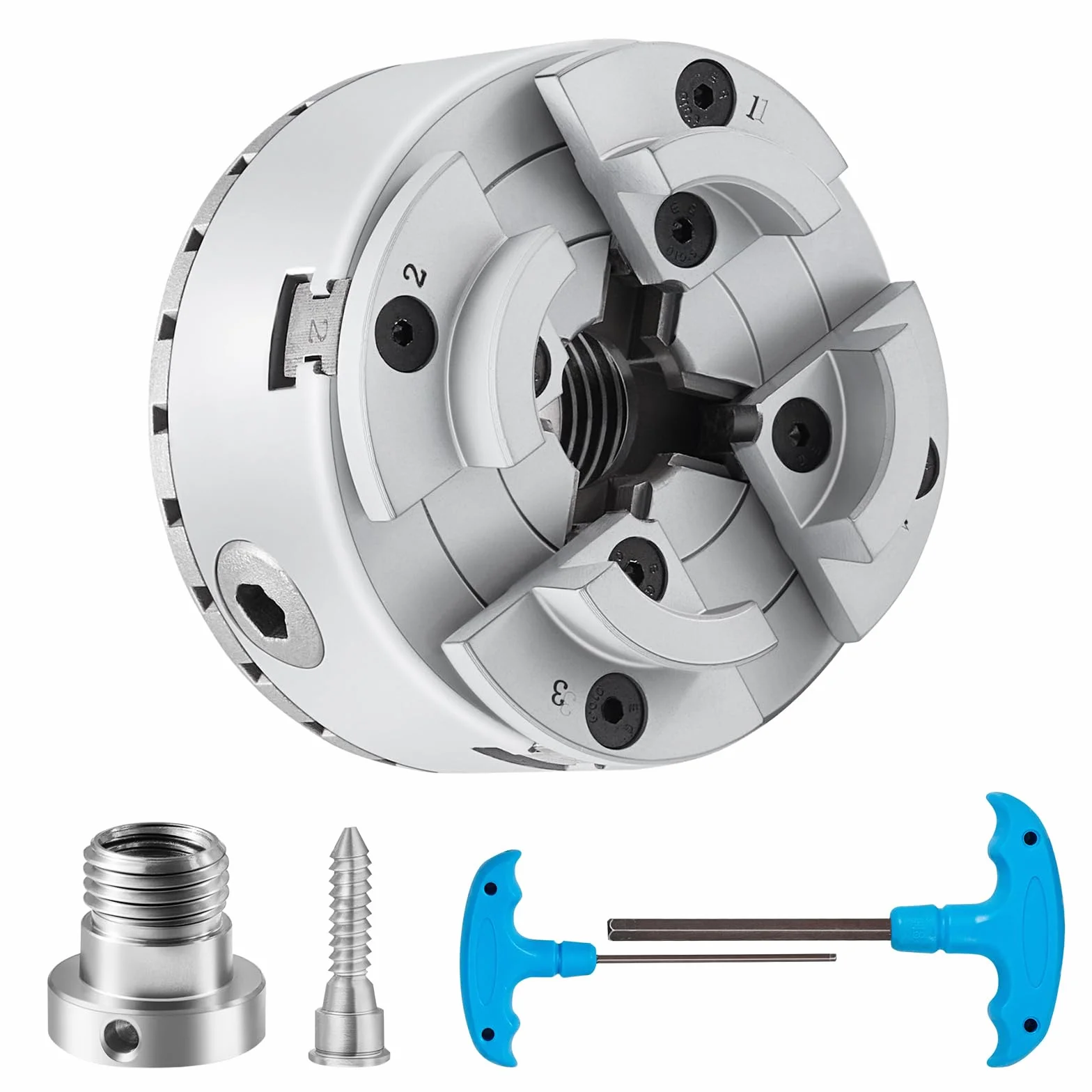 VEVOR Mandrino per Tornio per Legno φ70mm Mandrino per Tornio a 4 Griffe KP2-3/4 Mandrino per Tornitura di Legno, Utensile Autocentrante con Chiave a T per Rettifica Fresatura, Grey