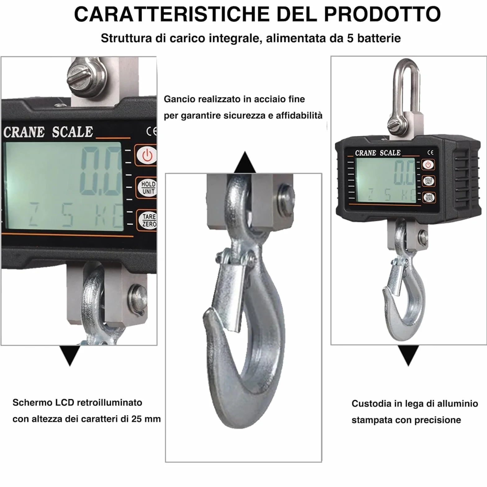 Voltix Bilancia per gru digitale ricaricabile 1000 kg ad alta precisione per impieghi gravosi Nero