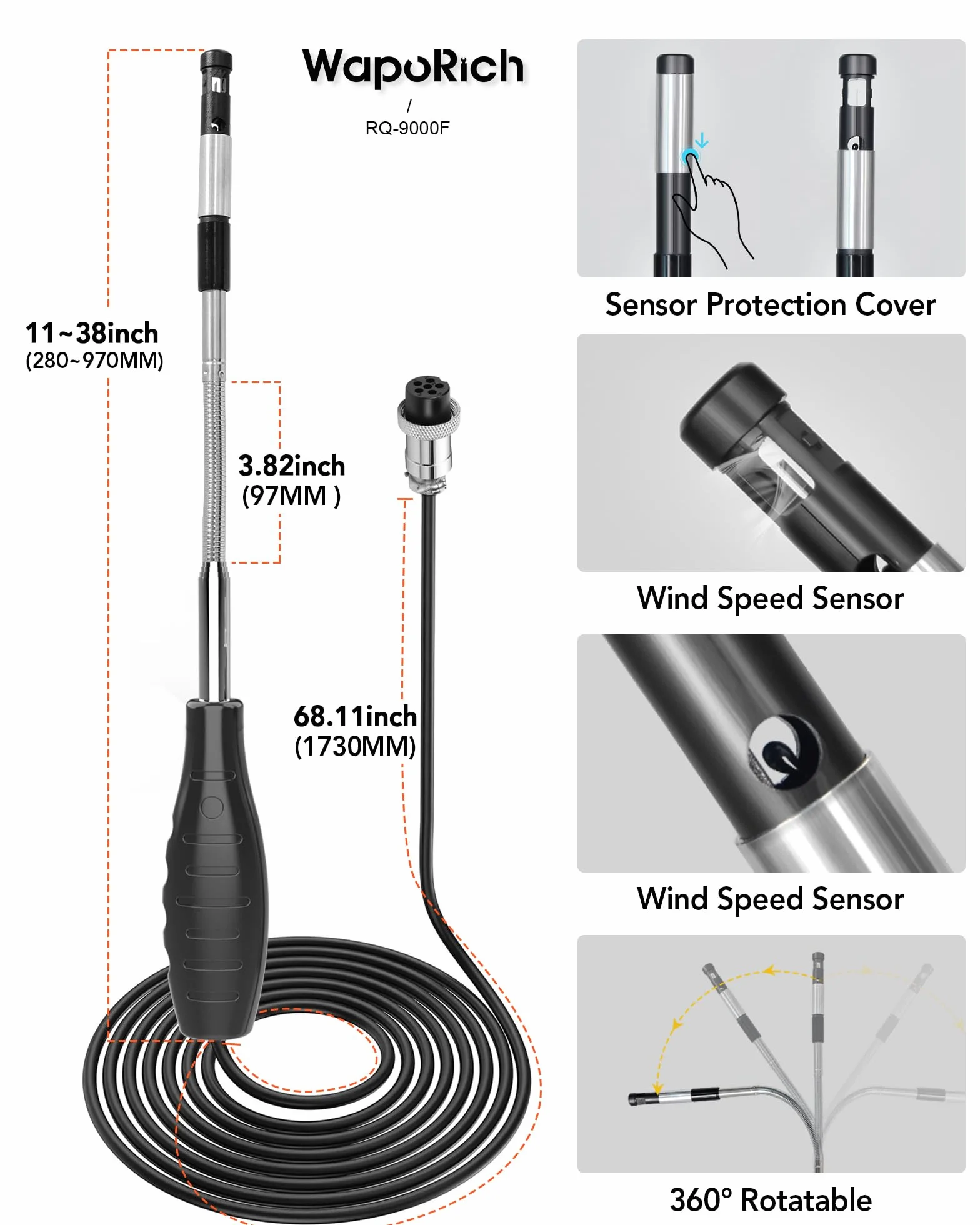 WapoRich RQ-9000F Anemometro a Filo Caldo Portatile, 0,1-30 m/s, 0-999.900 CFM/CMM/CMS, Display MAX/MIN per Condotti HVAC