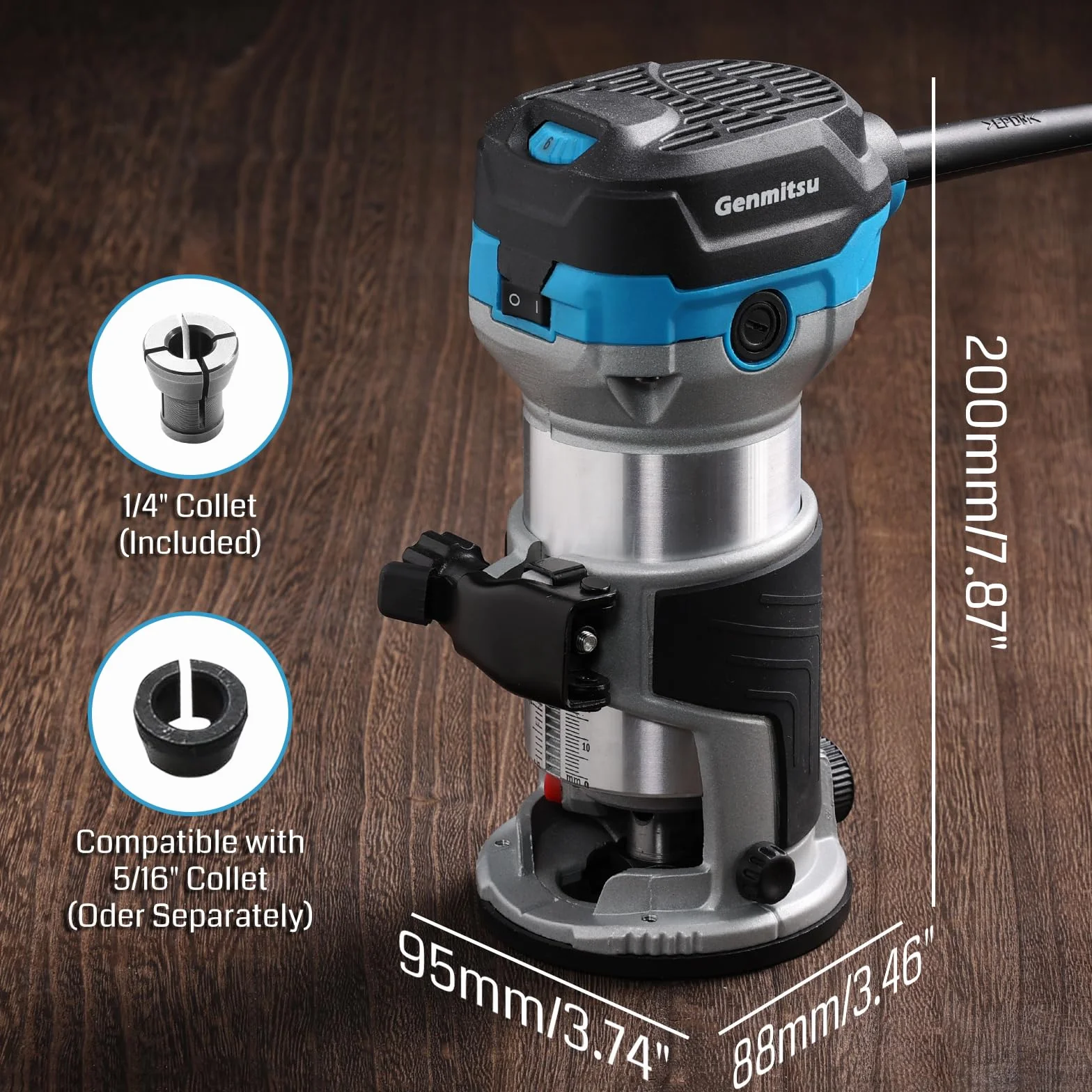 Genmitsu 1,25 HP Palm Trimmer Router, Router compatto per legno con base fissa, 6 velocità variabili 10000-30000 R/MIN, con pinza da 1/4", perfetto per la lavorazione del legno CNC e il fai da te