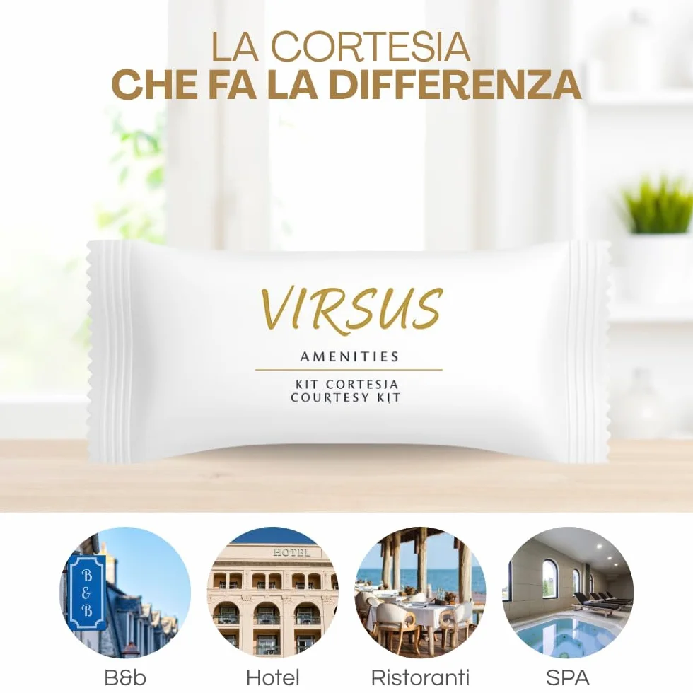 Virsus 400 Pezzi Kit Cortesia in 100 Bustine contenente ognuna: 1 Bustina Igiene intima 10ml, 1 Bustina Doccia Shampoo 10ml, 1 Saponetta 9gr, 1 cuffia monouso per Albergo Hotel B&B, Linea cortesia