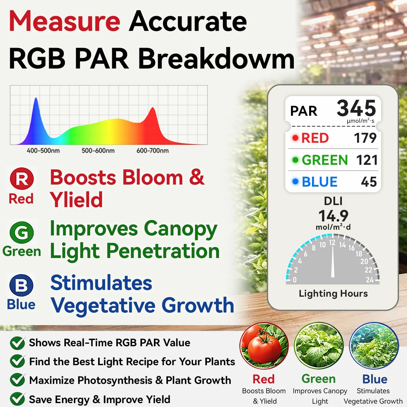 Misuratore PAR quantico VBR-100 Plus 6000 µmol/(m²·s) PAR RGB PPFD Bluetooth