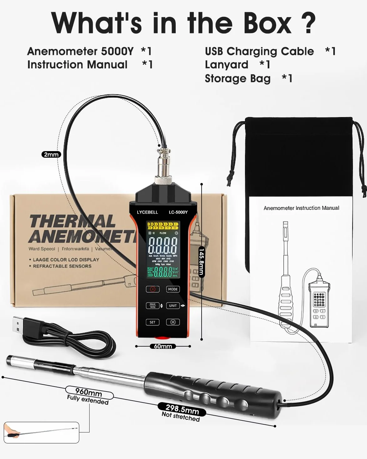 Anemometro a filo caldo LYCEBELL 5000Y 0,1-30 m/s IP54 batteria USB-C per HVAC