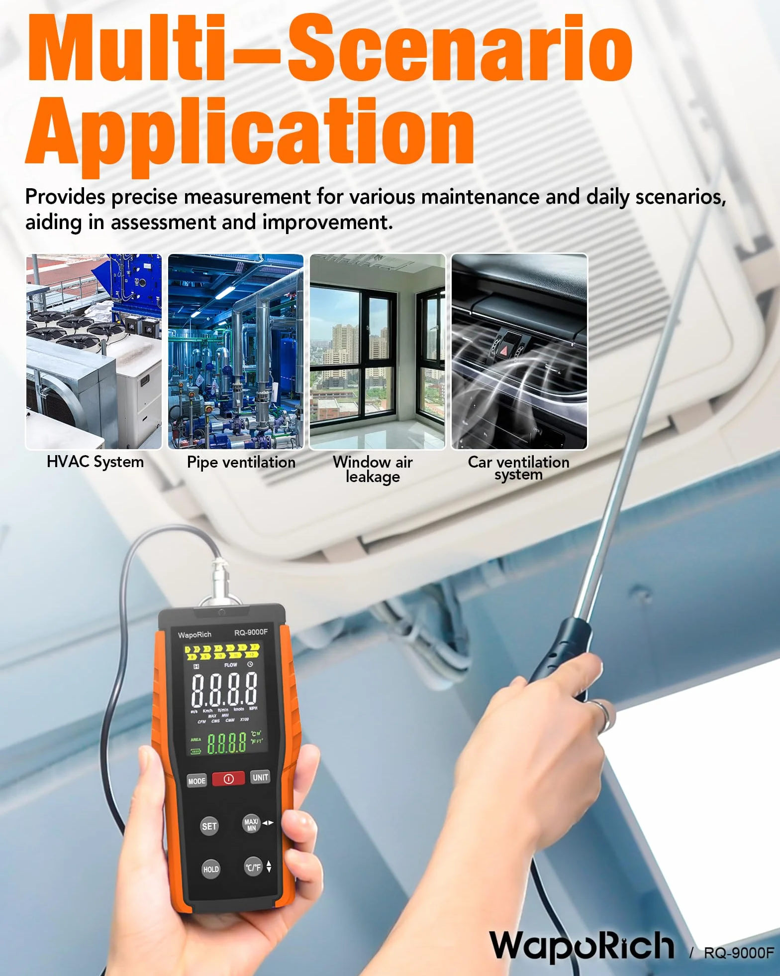 WapoRich RQ-9000F Anemometro a Filo Caldo Portatile, 0,1-30 m/s, 0-999.900 CFM/CMM/CMS, Display MAX/MIN per Condotti HVAC