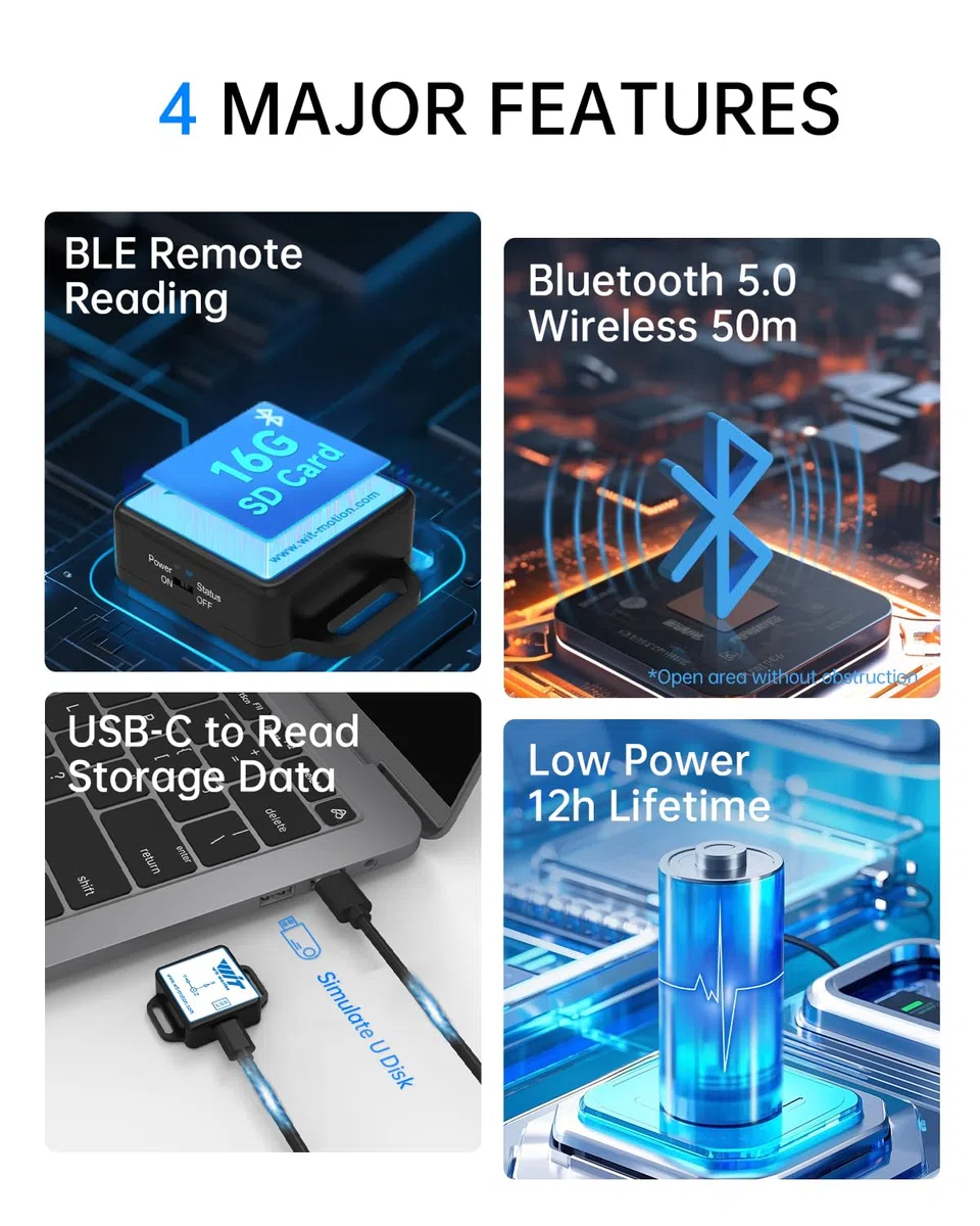 [Registratore di accelerometro Bluetooth 5.0] Sensore di accelerazione wireless 9 assi WT901SDCL-BT50 con scheda SD, accelerometro 3 assi+giroscopio+magnetometro+inclinometri, modulo IMU MPU9250
