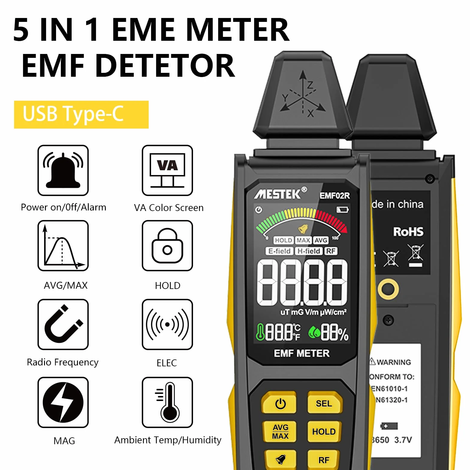 Misuratore EMF MESTEK Rilevatore di Campi Elettromagnetici 5 in 1(EF/MF/Frequenza Radio), Campi Elettrico/Magnetico, Radiometro ad Alta Frequenza Home Rilevazione EMF e Caccia ai Fantasmi
