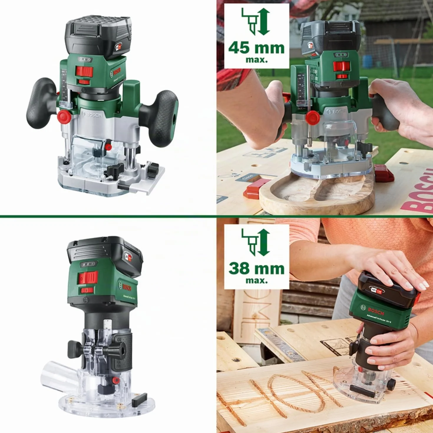 Bosch Rifilatore/fresatrice a immersione batteria 2in1 Set combinato di rifilatore AdvancedTrimRouter 18V-8 (incluse 2 basi di fresatura + accessori; sistema a 18 V; motore brushless; in SystemBox M