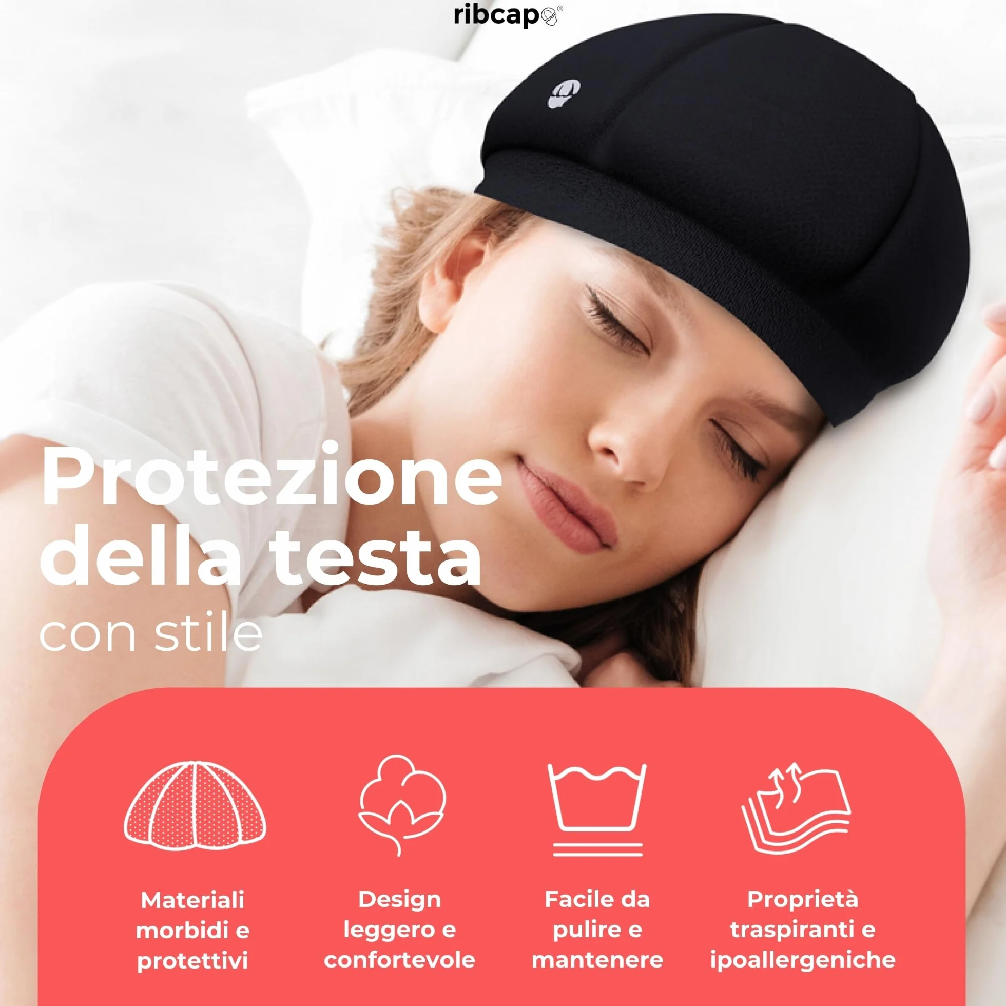 Ribcap Kate Cuffia sicura per Il Sonno | Nero | Casco Medico Protettivo per Il Sonno | Materiale Traspirante ipoallergenico
