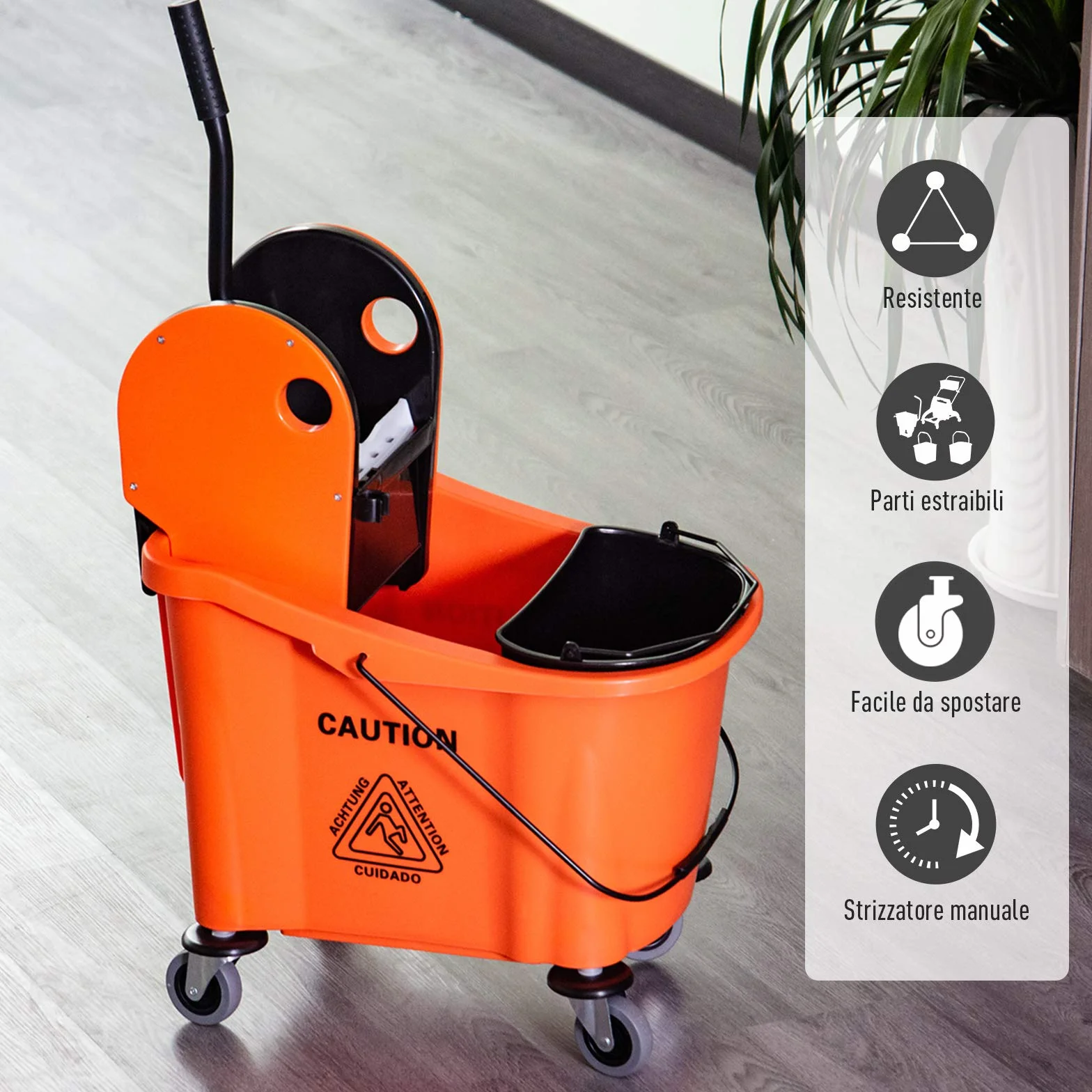 HOMCOM Secchio per Mocio Professionale 36L, Carrello Lavapavimenti con Strizzatore Manuale e 2 Secchi, Arancione e Nero