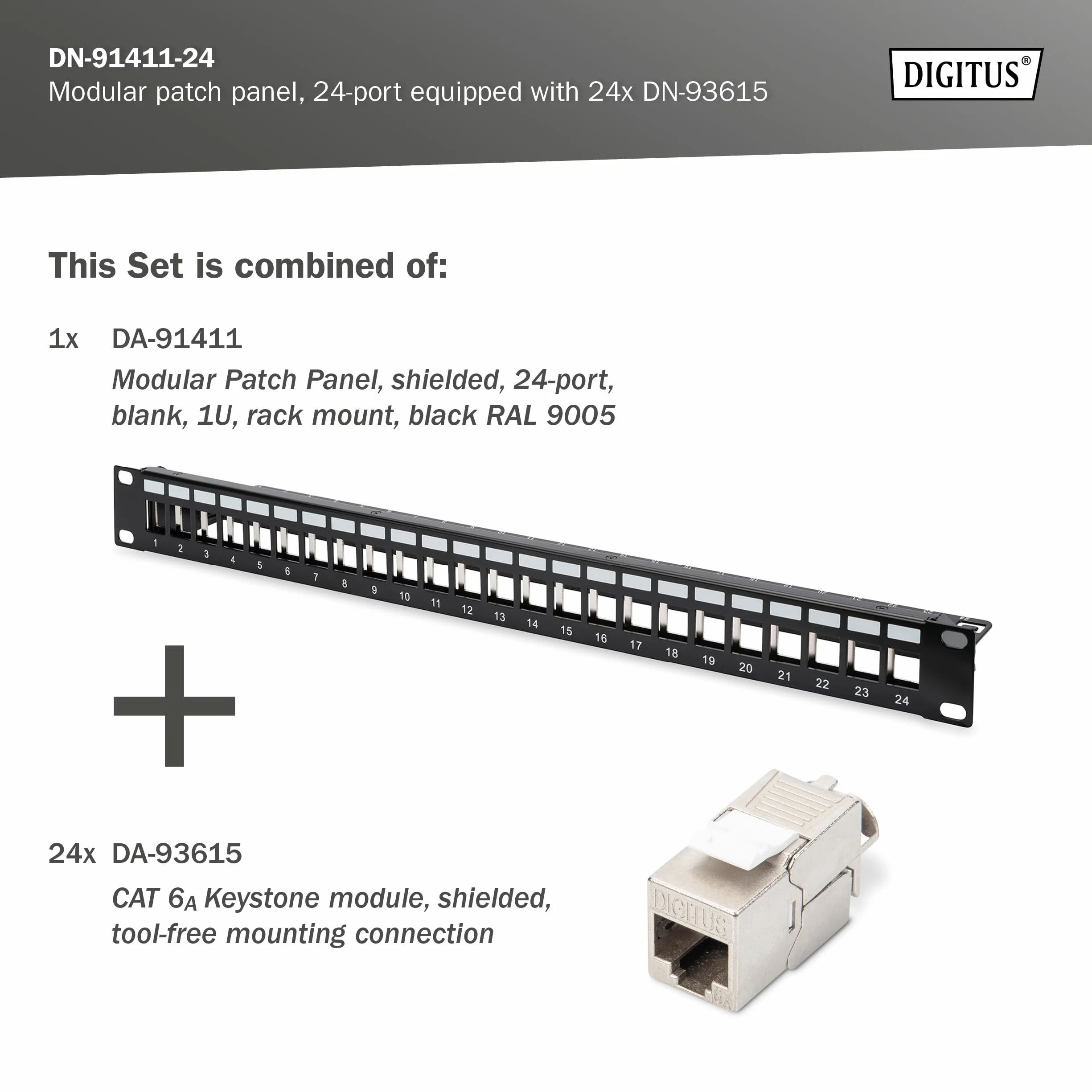 DIGITUS PatchPanel Set – 24 porte – con 24 moduli Keystone DN-93615 – 500 MHz – CAT 6A – Montaggio su rack in armadio di rete da 19 pollici – 1 U – Nero