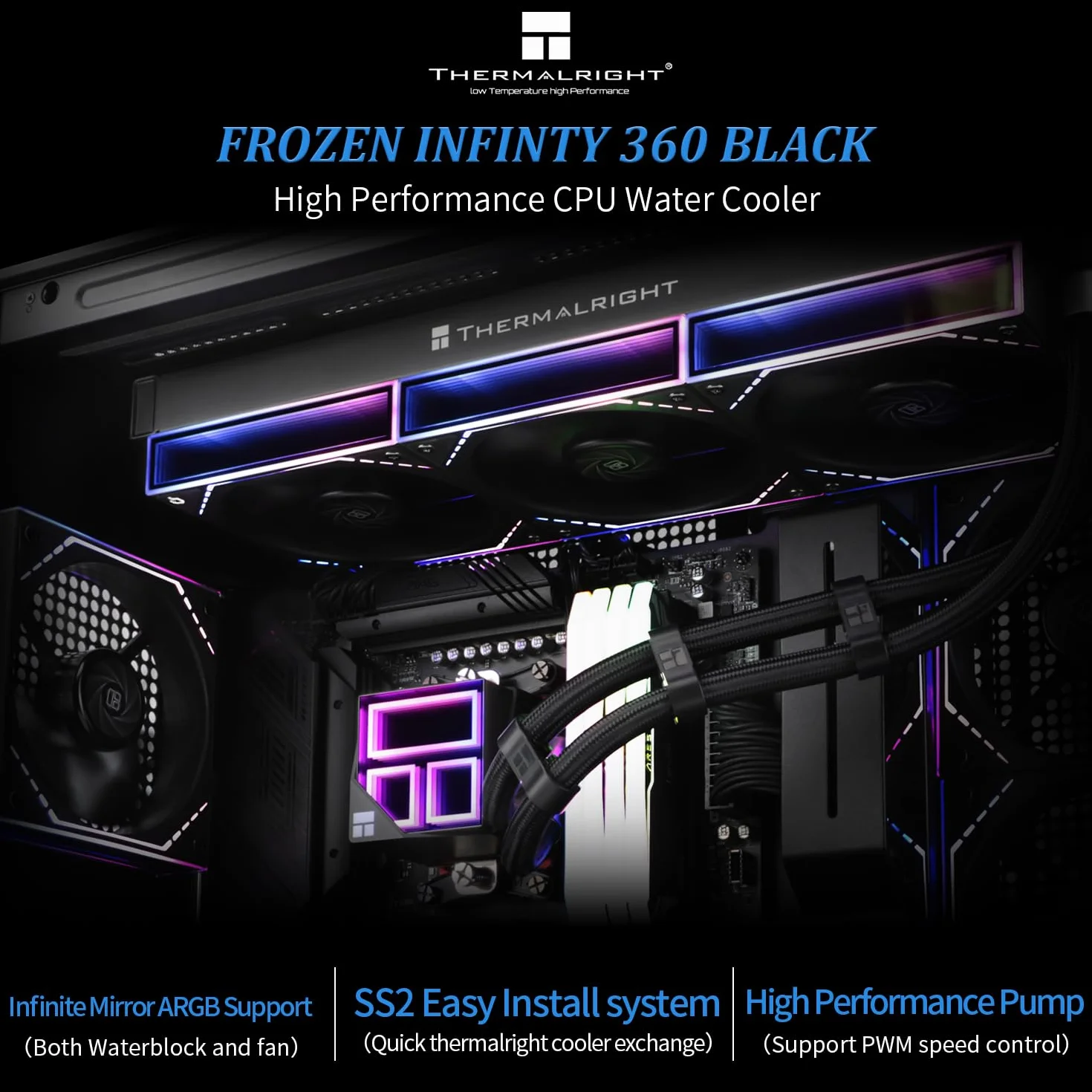 TR -Frozen Infinity 360 BLACK CPU Cooler, Triple PWM Ventole con 2000RPM, AIO Cooler per AM4/AM5 & Intel LGA1150/1151/1200/2011/1700/1851, Infinity Mirror PC