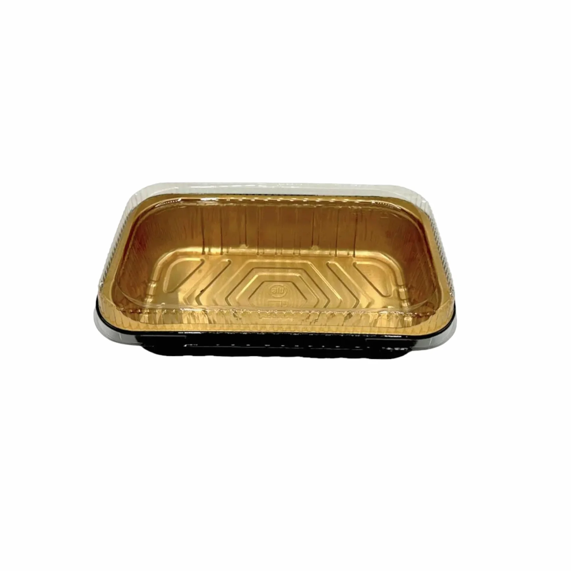 Contenitori Premium in alluminio laccati gold e black con coperchio in pet trasparente 50 pezzi (2040cc)
