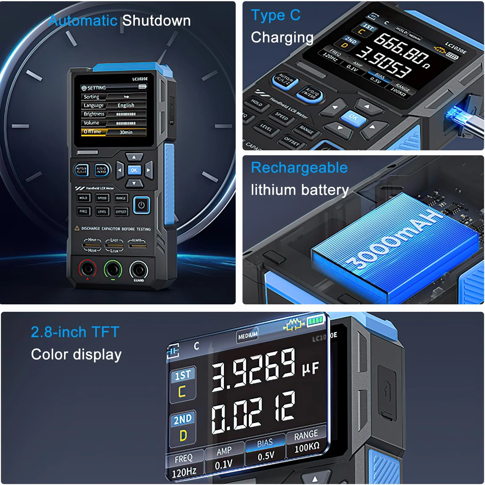 LC1020E Tester Digitale,LCR Meter Tester Digitale Portatile LCR Bridge Tester Condensatori Test di Capacità, Resistenza e Induttanza,Frequenza Regolabile da 100 Hz a 100 KHz, Blocco dati