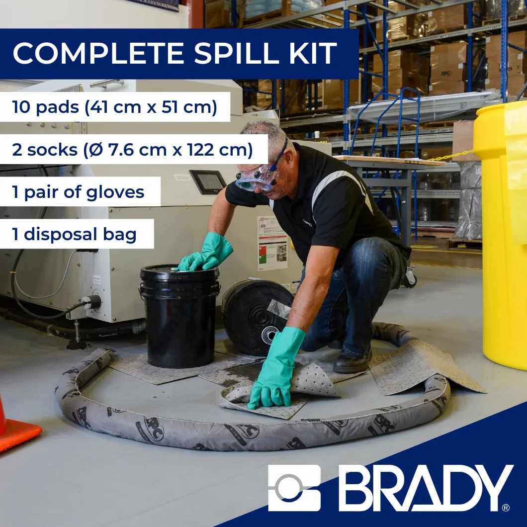 SPC® by Brady Kit Anti-Inquinamento Universale – Kit Antisversamento per Piccole Fuoriuscite, Assorbe Oli, Acqua, Solventi e Refrigeranti, Include 10 Panni Assorbenti, 2 Calze, Guanti e Sacco