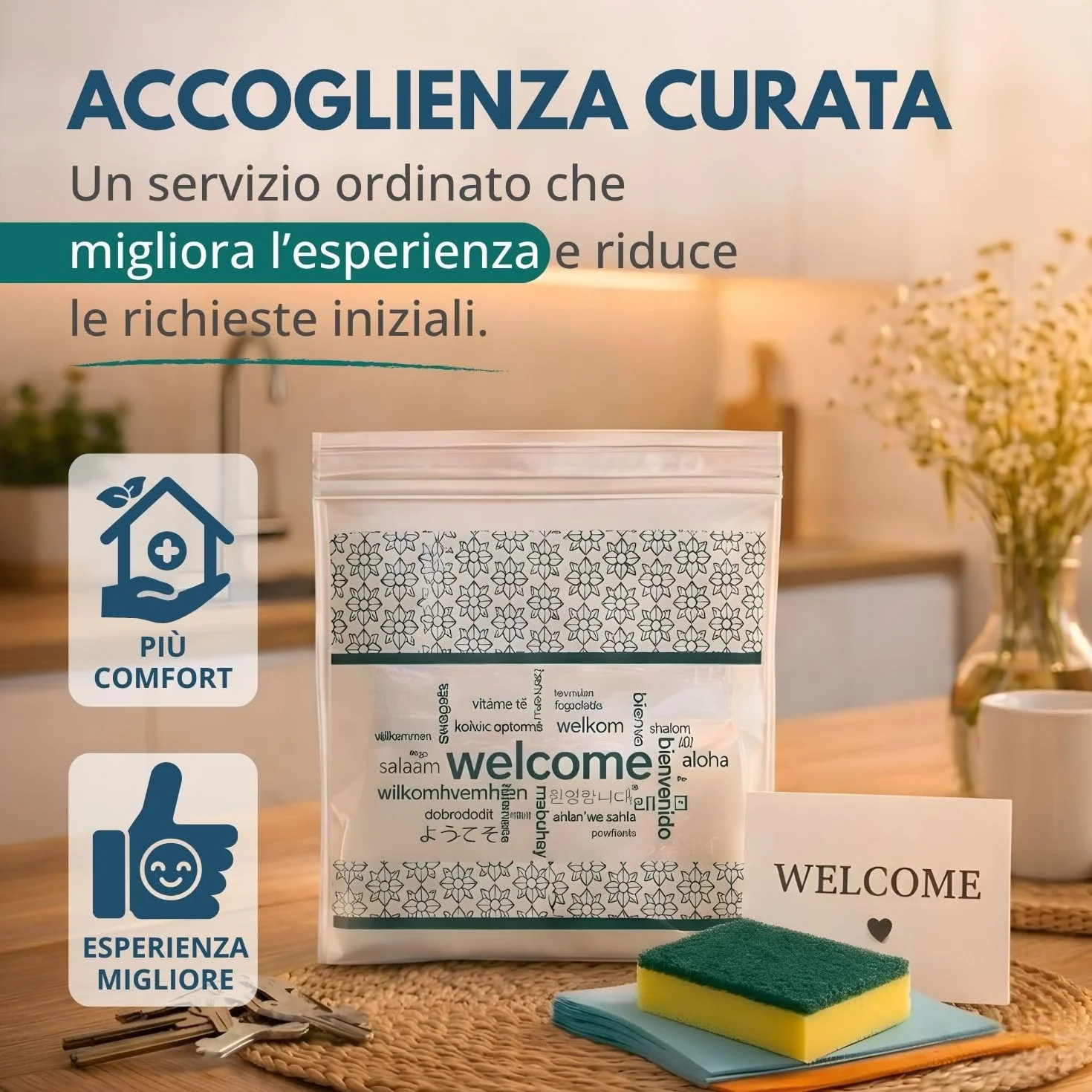 Kit cortesia Residence 015B, set pulizia cucina 4 pezzi per appartamenti, campeggi e B&B - (Cartone da 20 kit)
