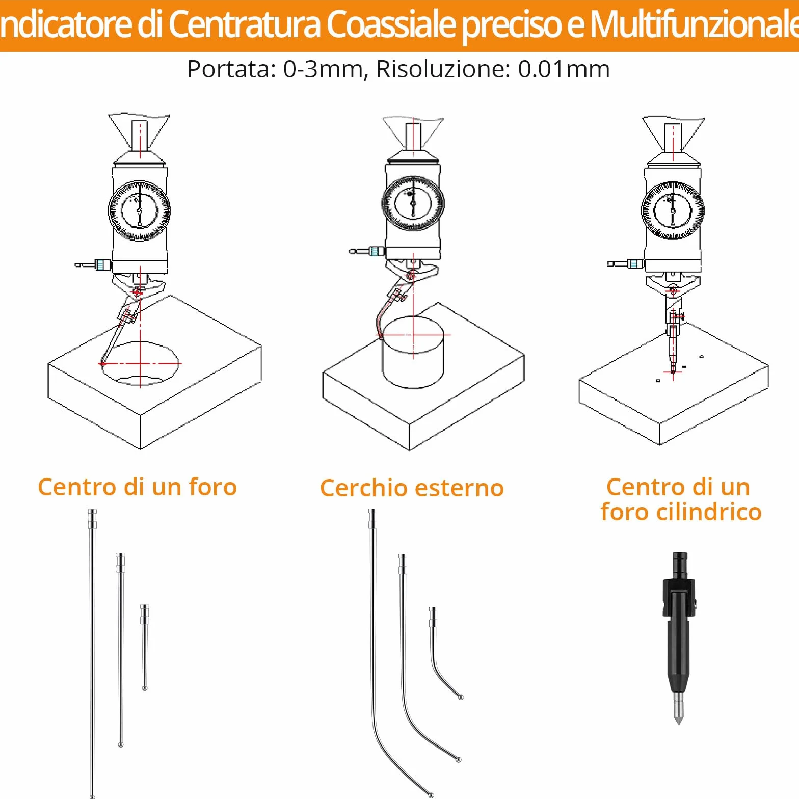 Neoteck Indicatore Coassiale di Centraggio 0-3mm, Precisione 0.01mm Prova del Quadrante di Centraggio Battitore di Centro per Fresatrice e Tornio - Set Completo con Aste, Puntali e Custodia Rigida