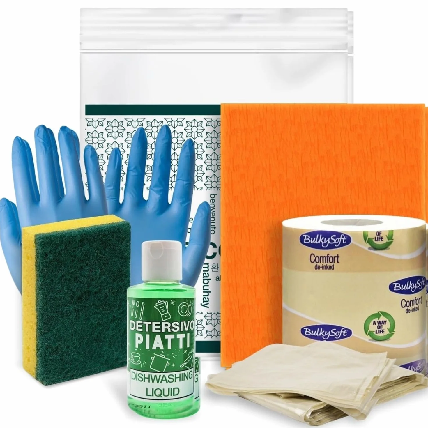 Kit cortesia Residence 015B, set pulizia cucina 4 pezzi per appartamenti, campeggi e B&B - (Cartone da 20 kit)