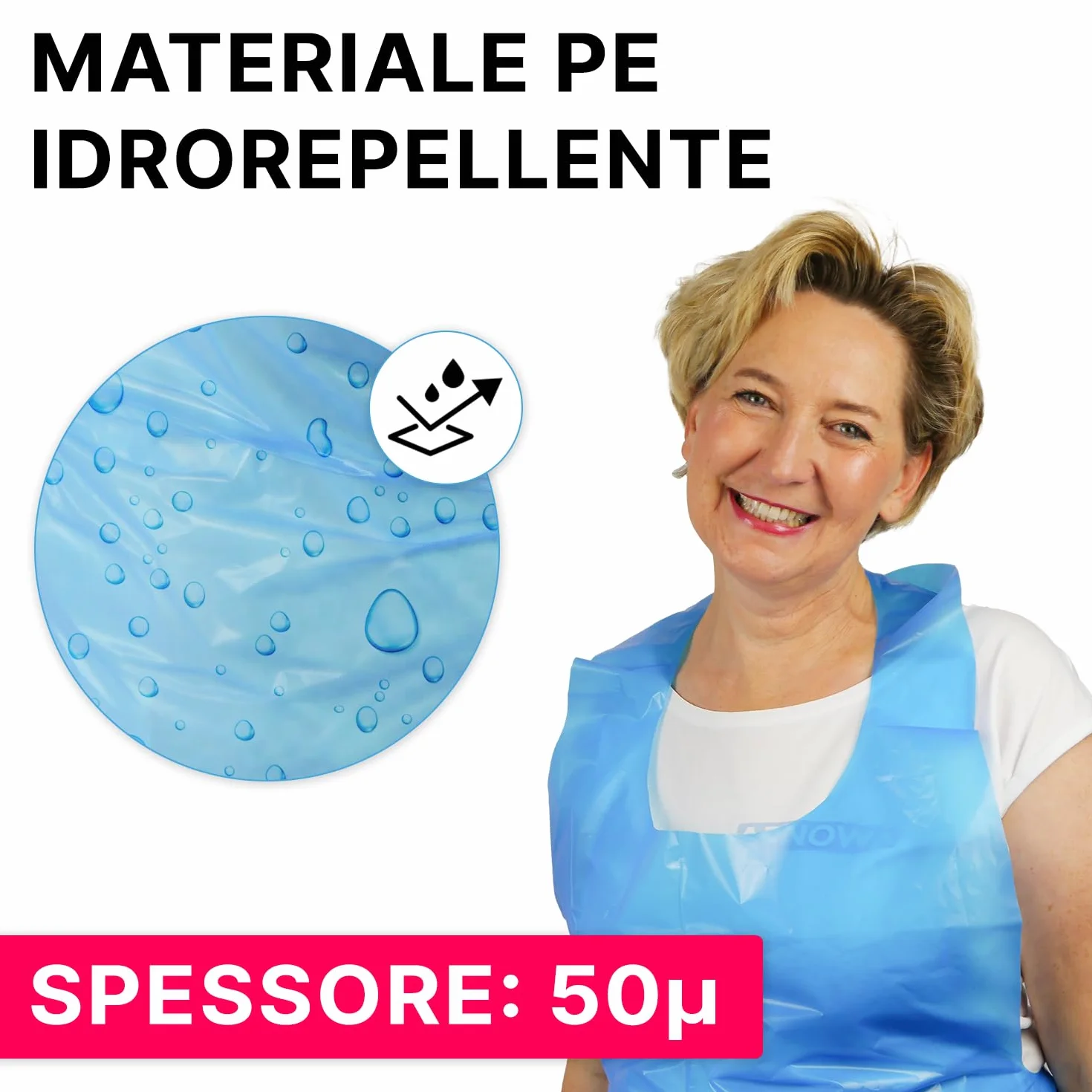 ARNOMED Camice monouso in PE 500 pezzi, grembiule impermeabile in plastica con spessore di 50µ, grembiuli monouso blu chiusi 80x125cm, resistenti all'unto, grembiule macellaio, grembiule medico