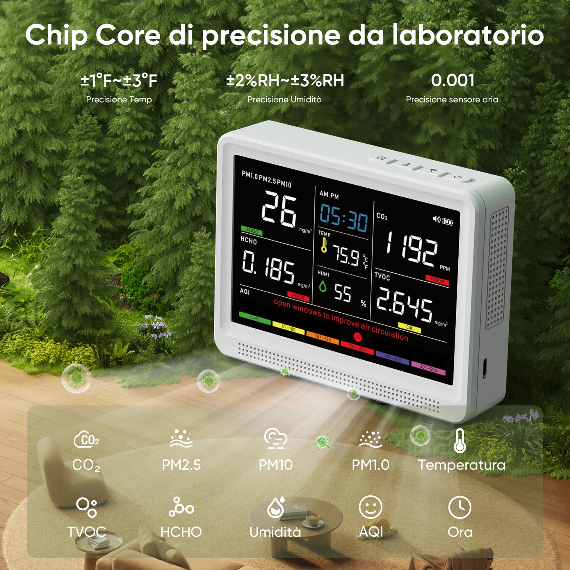 bonoch Professionale 16-in-1 Misuratore Qualità dell'Aria, Rilevatore CO2 con Display 5.5" e Batteria 10h, Monitor TVOC PM2.5 PM1.0 PM10 HCHO Temperatura Umidità