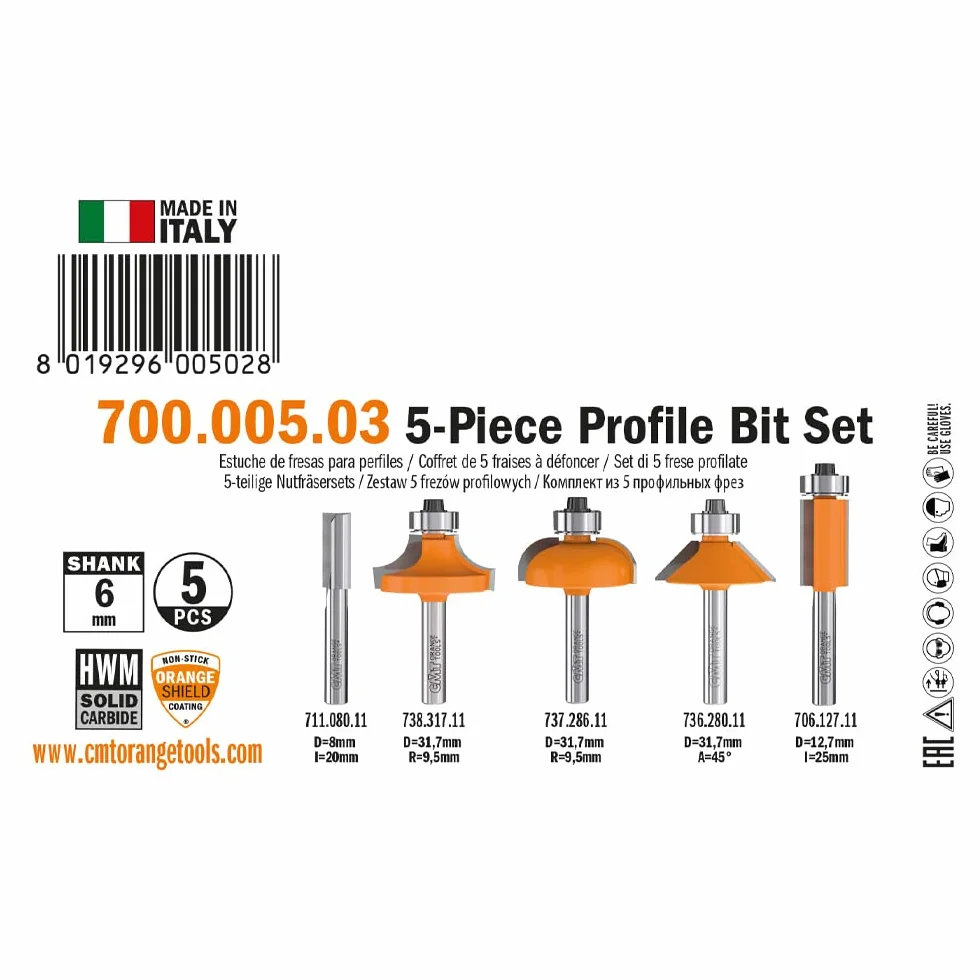 Cmt - 700.005.03 - set 5 frese diritte/profilate hw s=6mm