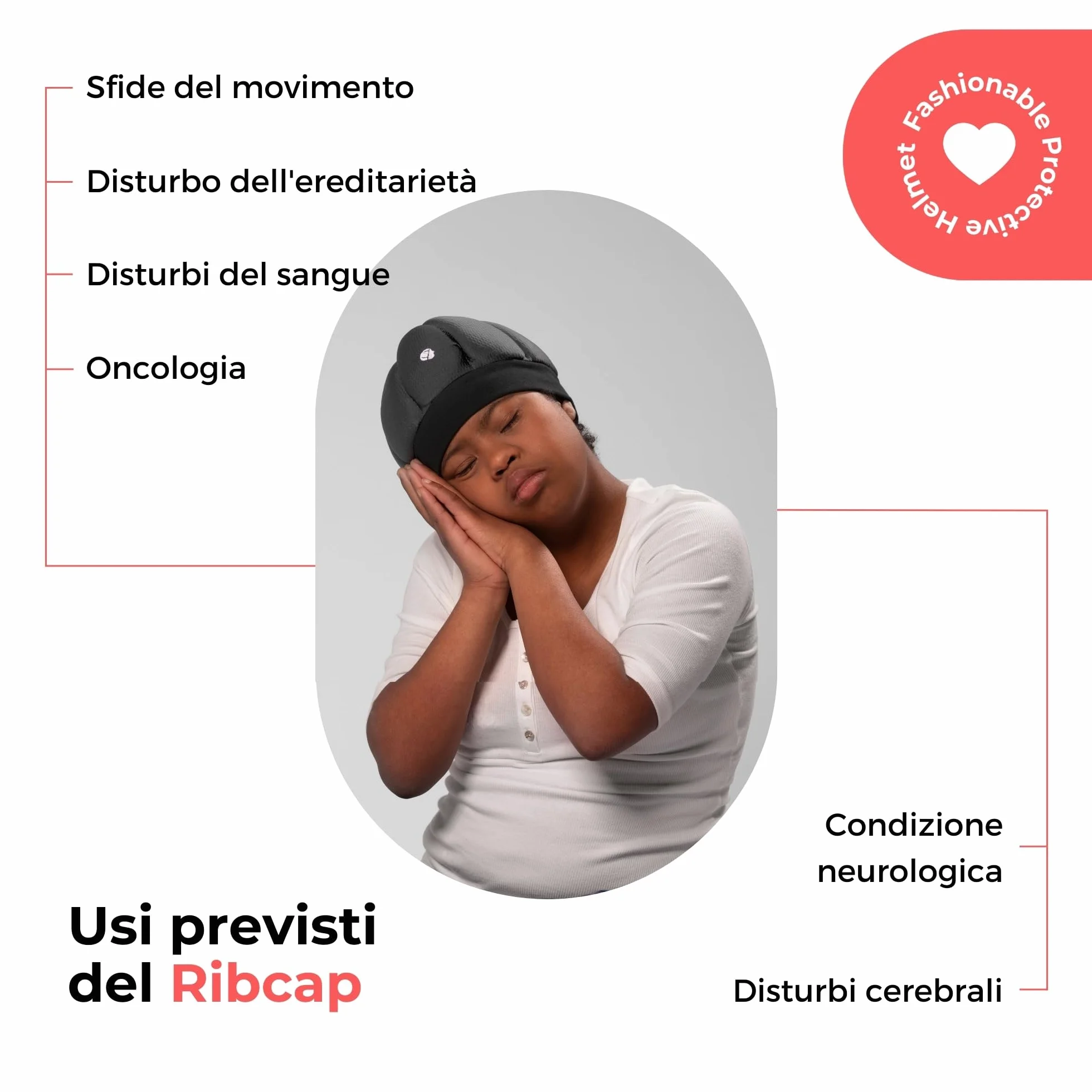 Ribcap Kate Cuffia sicura per Il Sonno | Nero | Casco Medico Protettivo per Il Sonno | Materiale Traspirante ipoallergenico