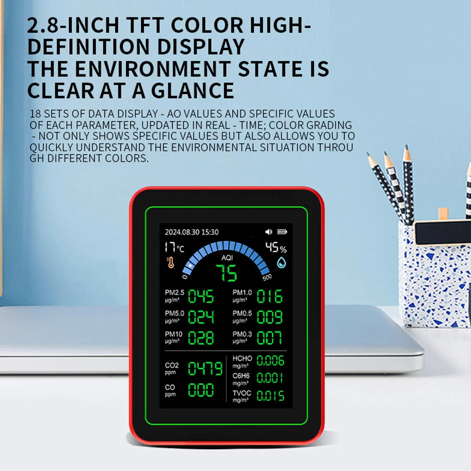 18 in 1 Monitor per qualità aria interna CO2 HCHO TVOC PM2.5 PM10