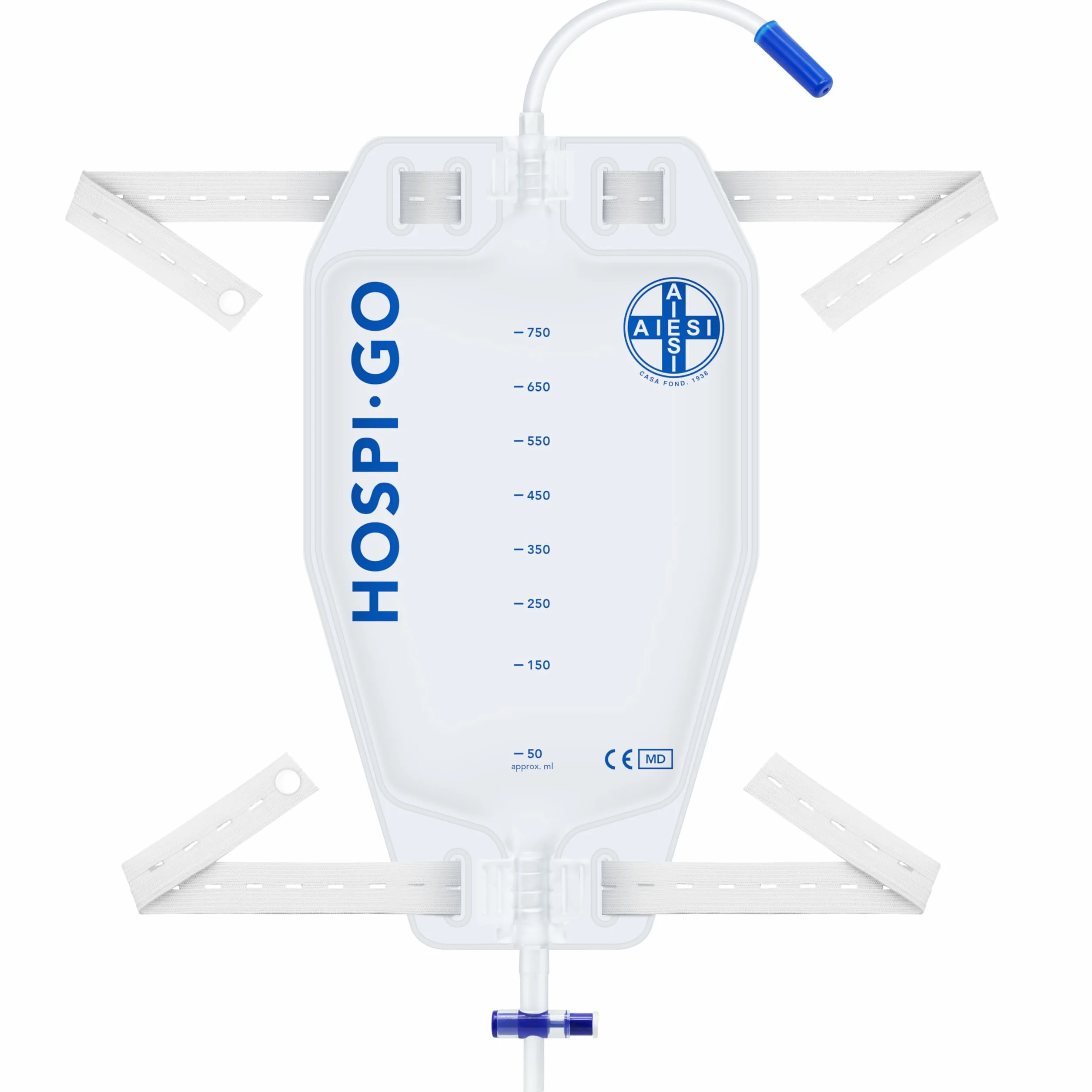 AIESI® Sacche per urina da gamba 750 ml tubo 10 cm 50 pezzi con rubinetto di scarico a croce T e valvola anti-reflusso HOSPI-GO