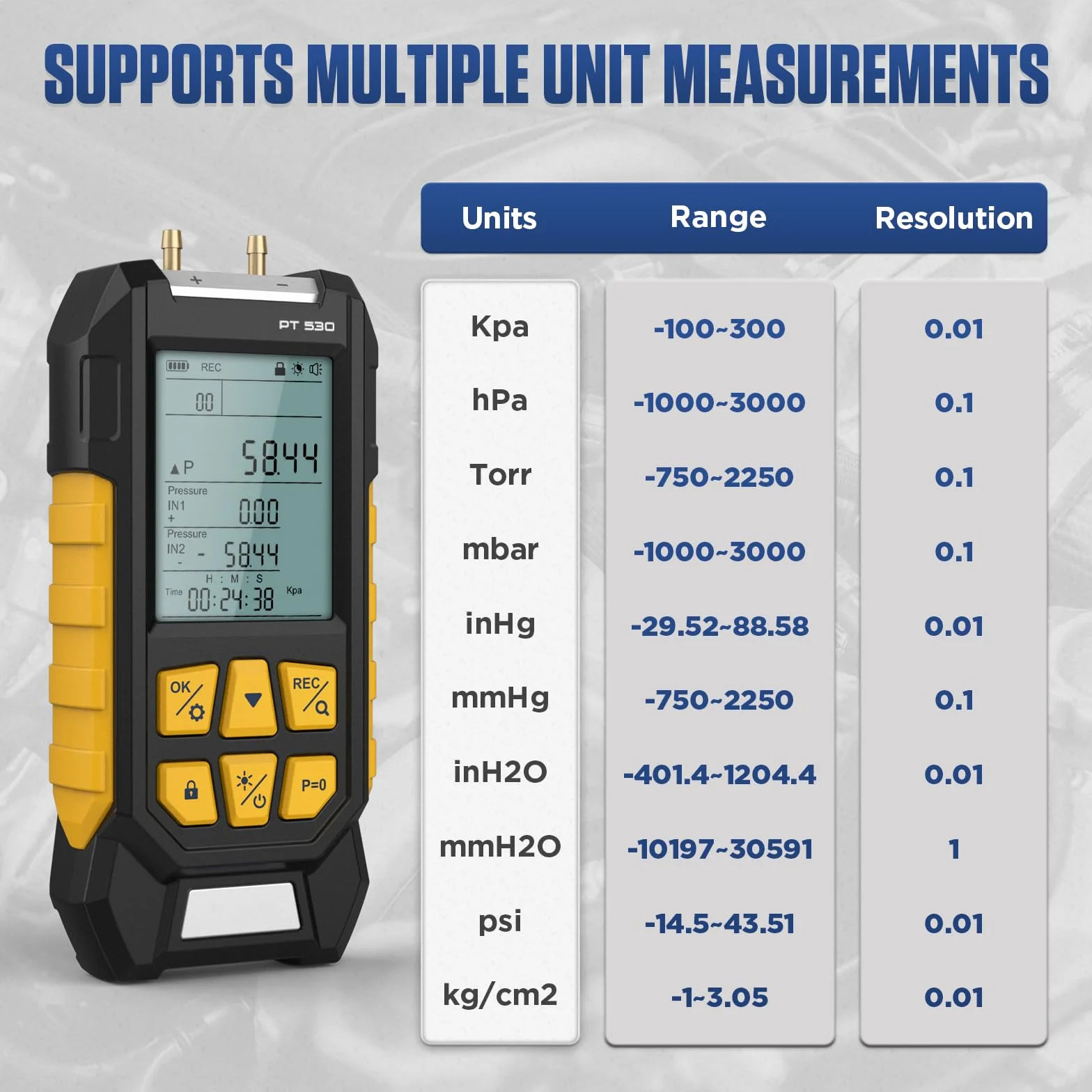 PT530 Manometro digitale per test pressione gas -100-300 Kpa HVAC doppia porta 10 unità 7 adattatori blocco dati