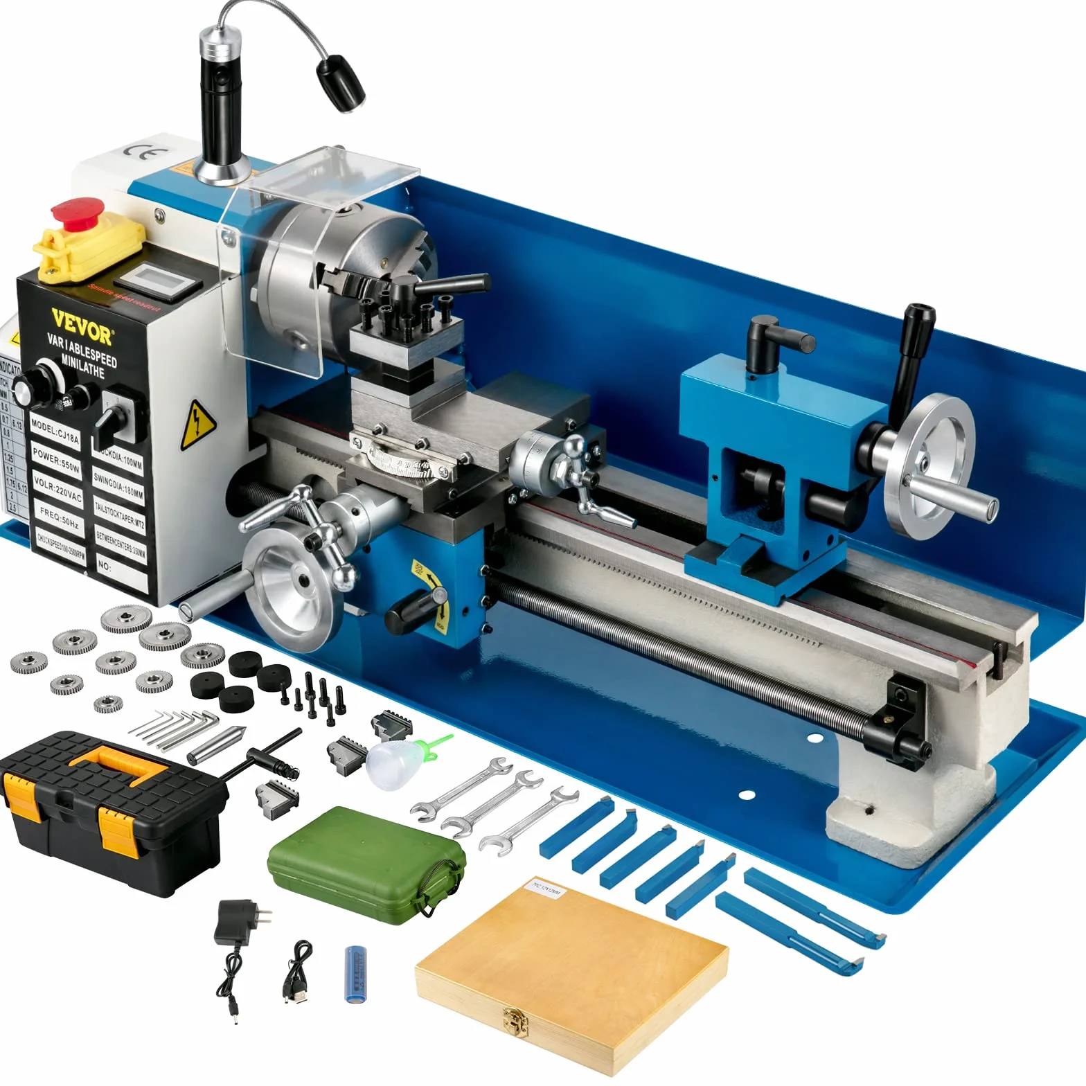 VEVOR Mini Tornio da Banco per Metallo Motore 800W in Ghisa HT200 Velocità tra 150-2500 giri/min Variazione Costante, Mini Tornio per Metalli 80 x 34 x 36 cm Cono Mandrino MT5 Diametro Mandrino 100mm