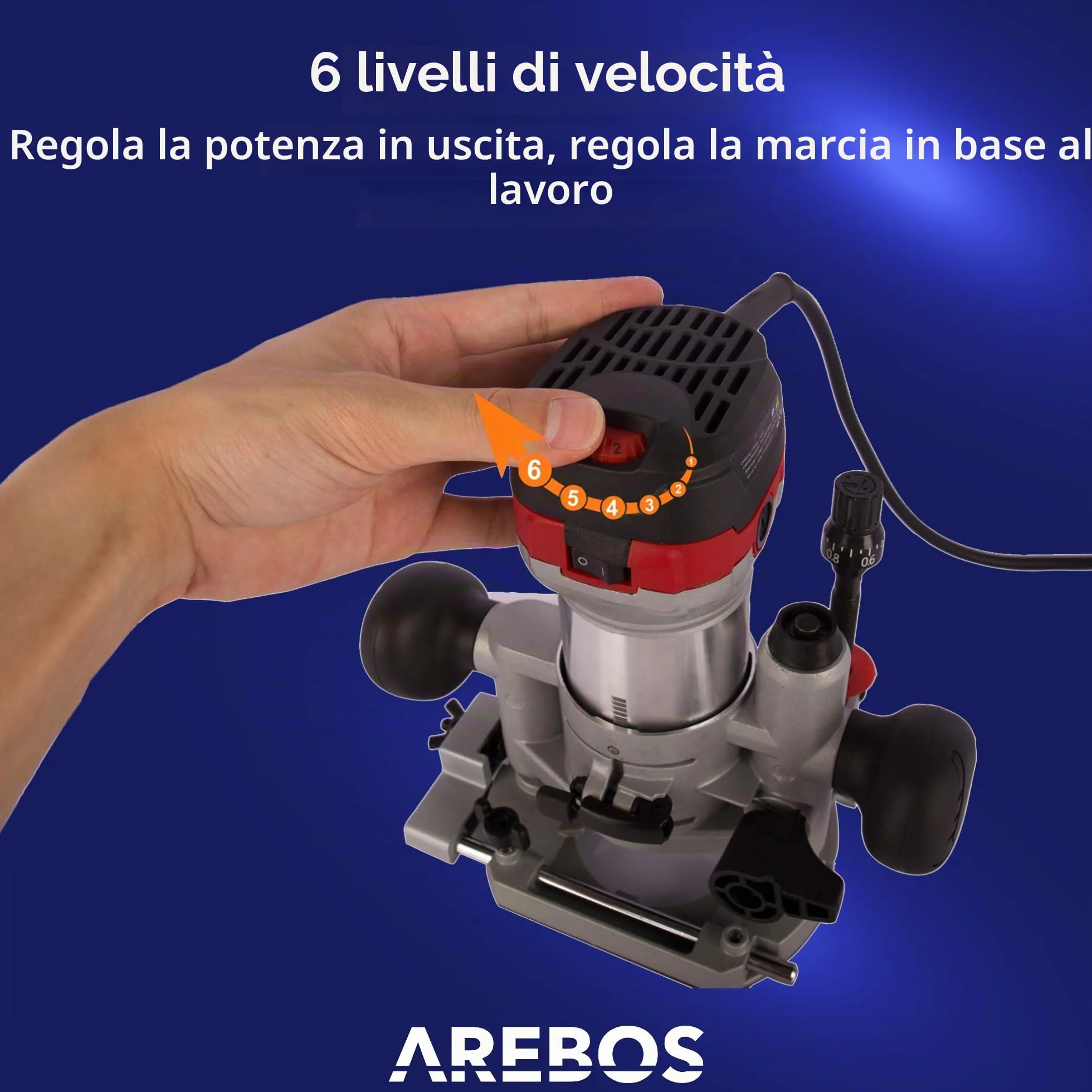 Arebos Fresatrice verticale | Fresatrice per legno con 6 livelli di velocità | Bloccaggio mandrino 710 W | Base a immersione e trimmer | Pinza di serraggio Ø 6 e 8 mm | Con borsa porta utensili