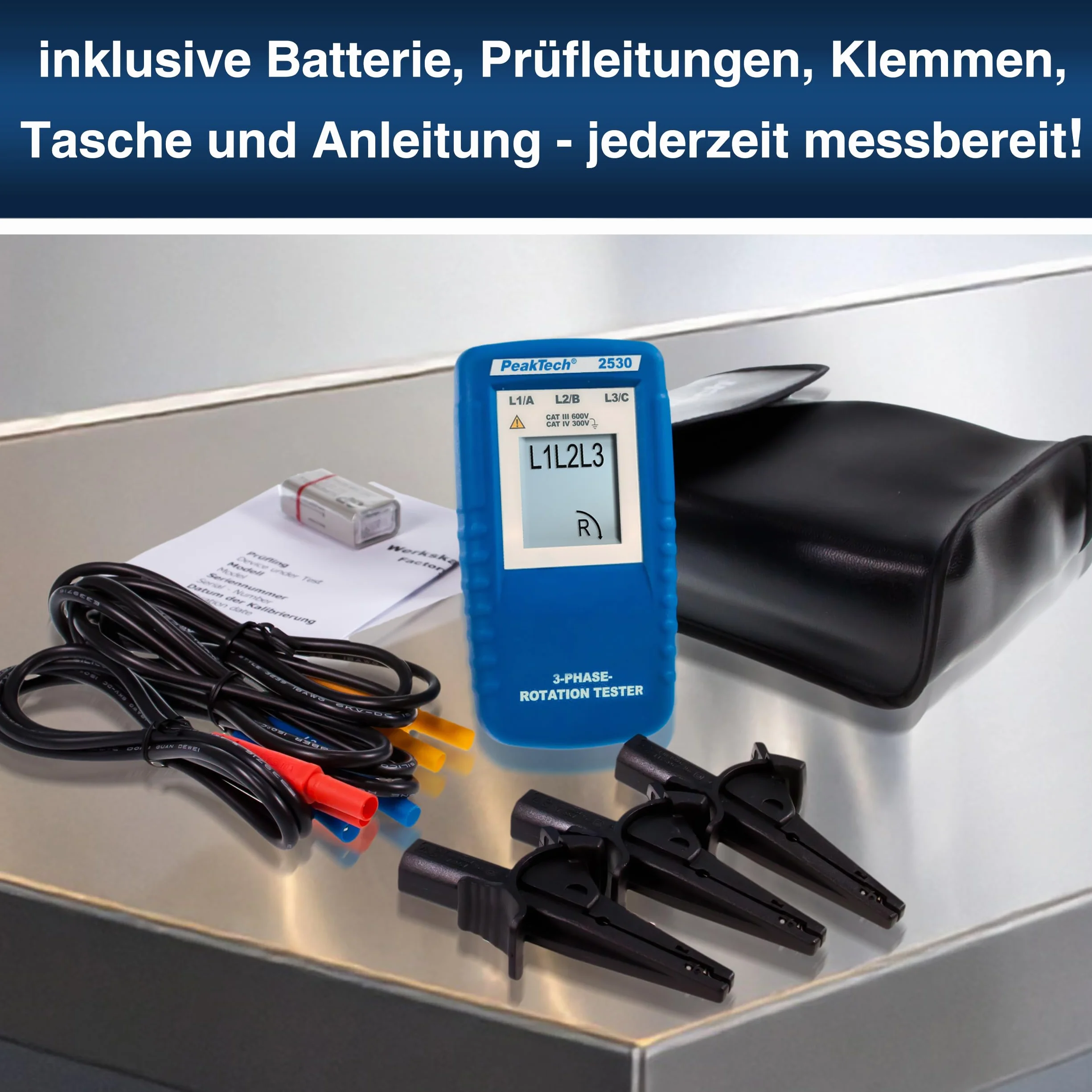 PeakTech P 2530 Indicatore di direzione trifase, tester di campo rotante con display LCD, 1 pezzo, strumento di misura elettrico per installazioni e manutenzione