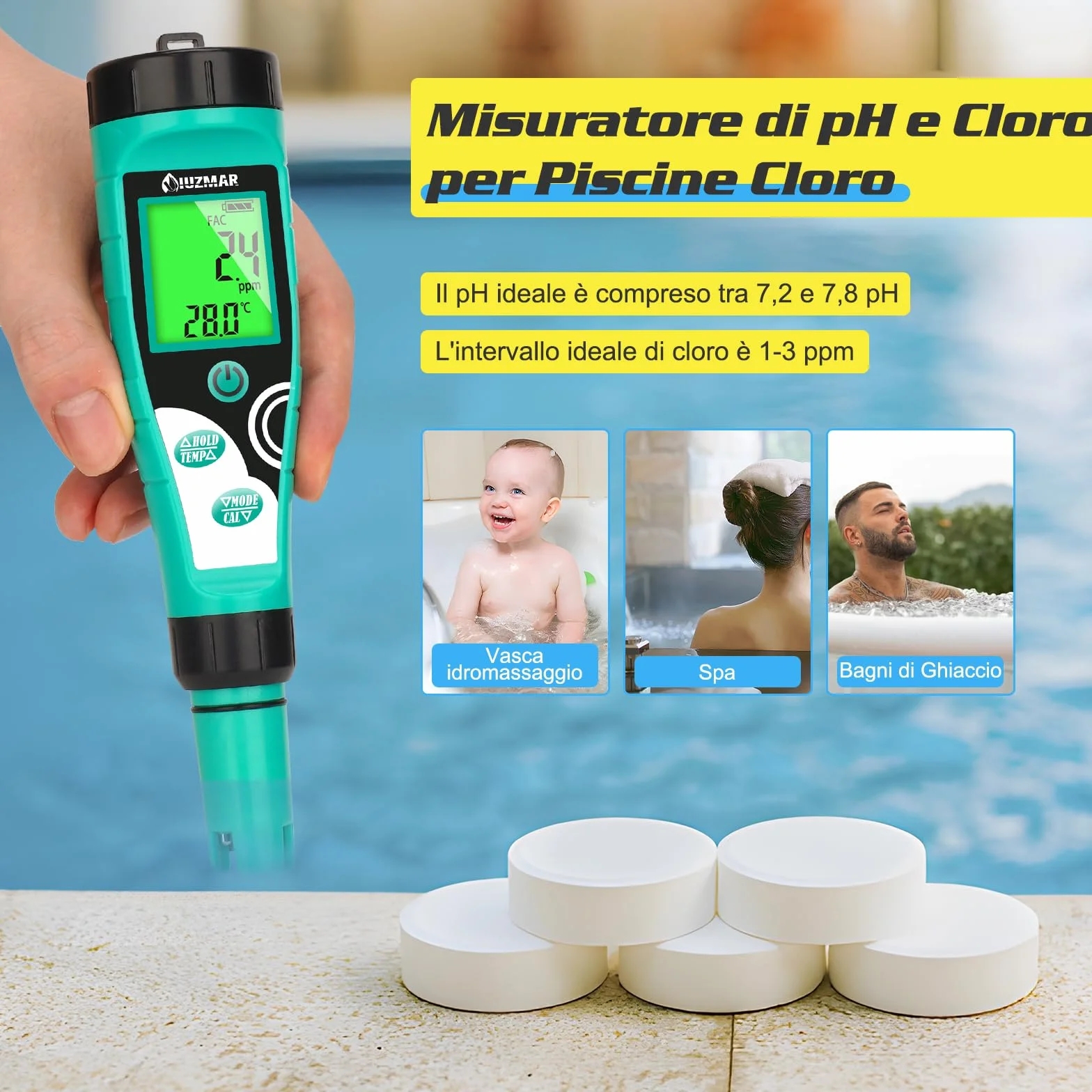UIUZMAR Misuratore Cloro Piscina Digitale 7 in 1 pH Sale ORP TDS EC Temp