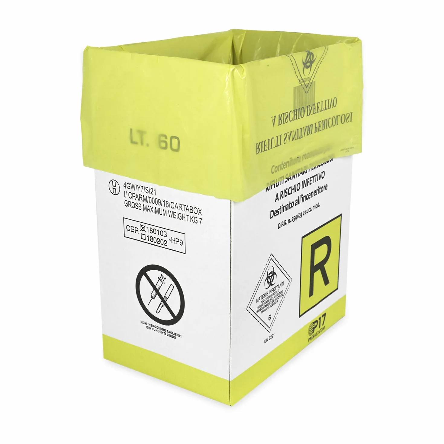 P17 | SET 10 Portarifiuti medicali | 60 L | Contenitore monouso per rifiuti Sanitari pericolosi a Rischio infettivo | Contenitore per dispositivi Medici, garze e rifiuti medicali