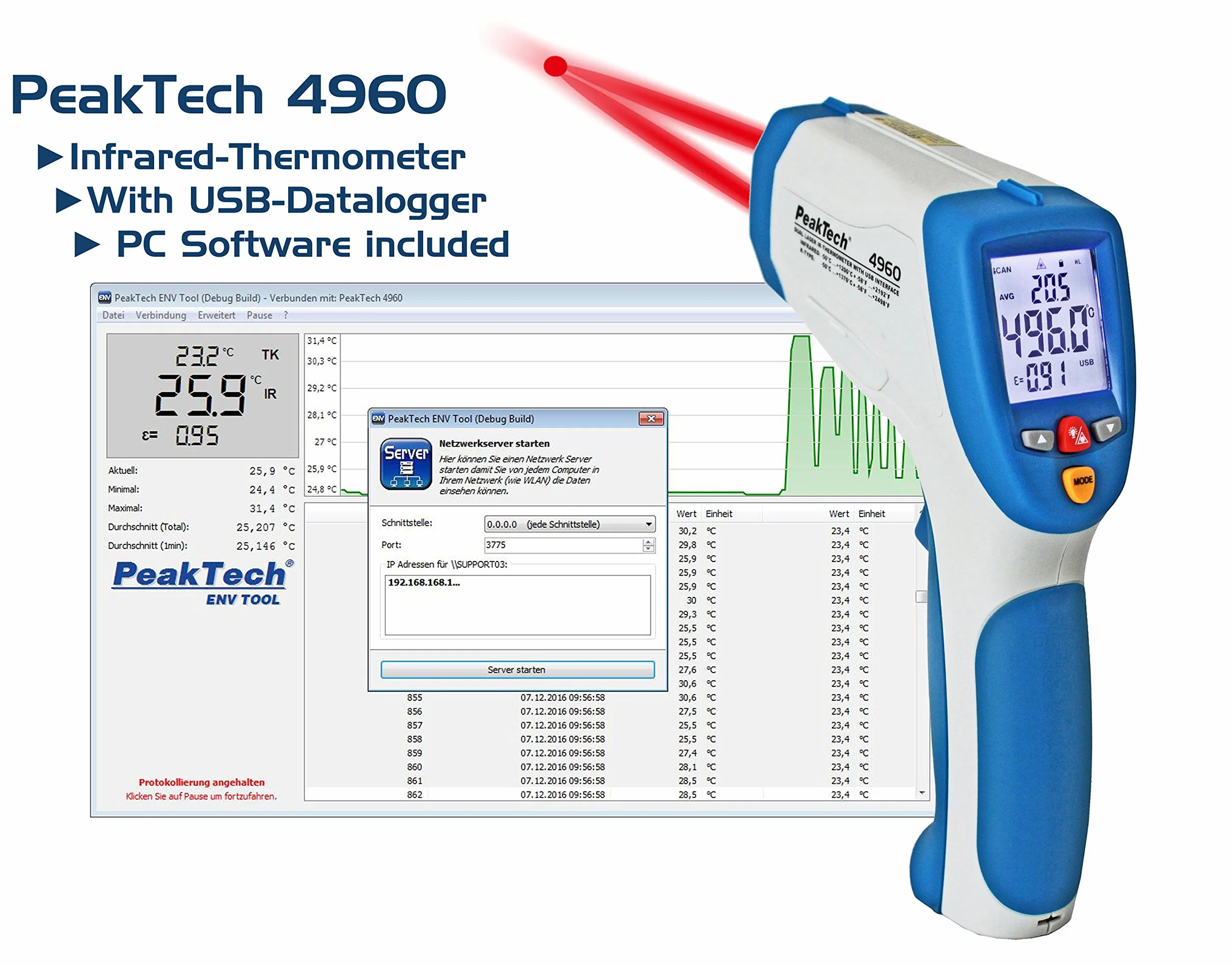 PeakTech termometro a infrarossi data logger -50°C 1200°C USB Dual Laser P 4960