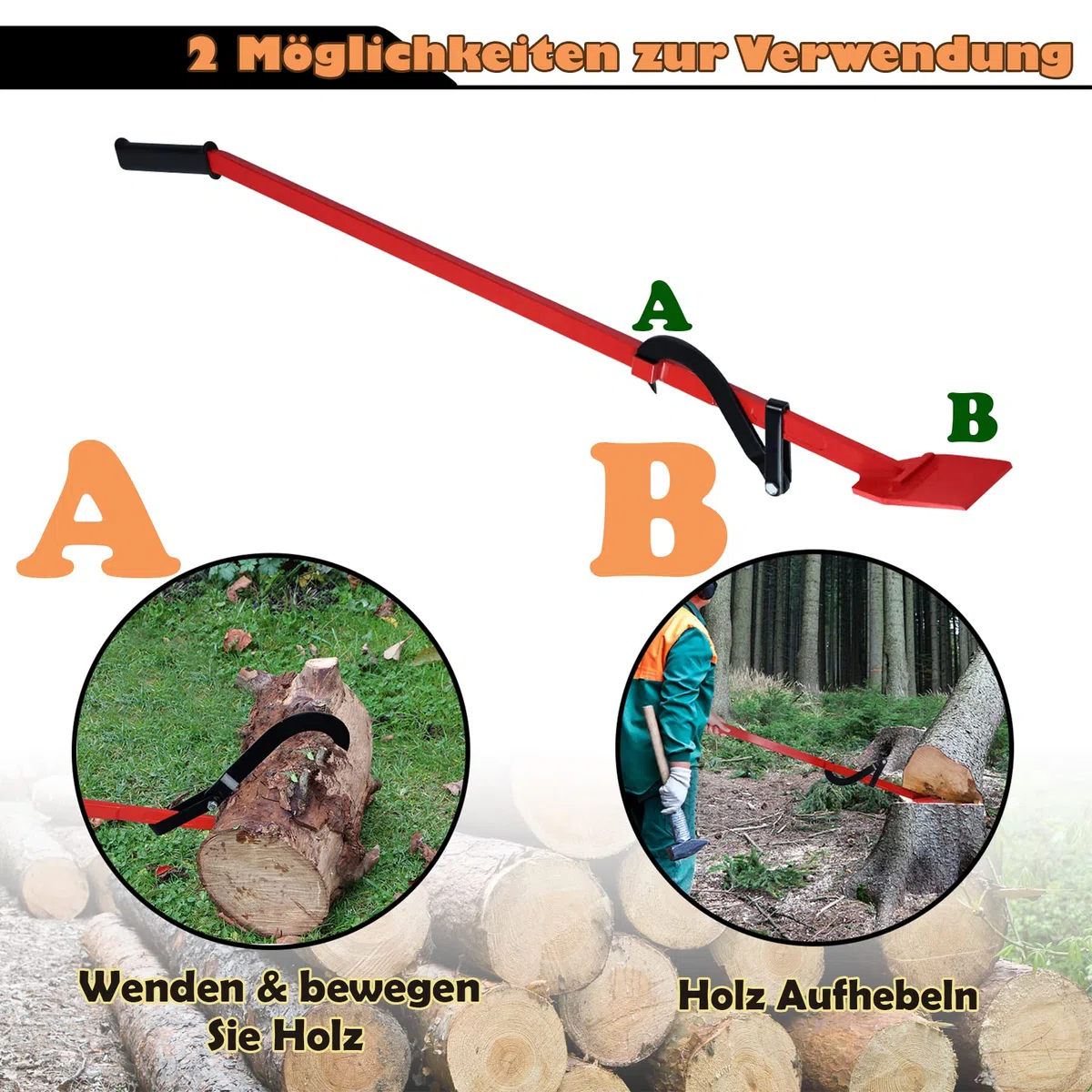 SUBTLETY 130cm Leve e Cunei per Abbattimento Pesante Sollevatore per l'Abbattimento degli Alberi Cuneo con Manico Antiscivolo e Gancio Reversibile Portata fino a 250KG per Giardino e Paesaggistica