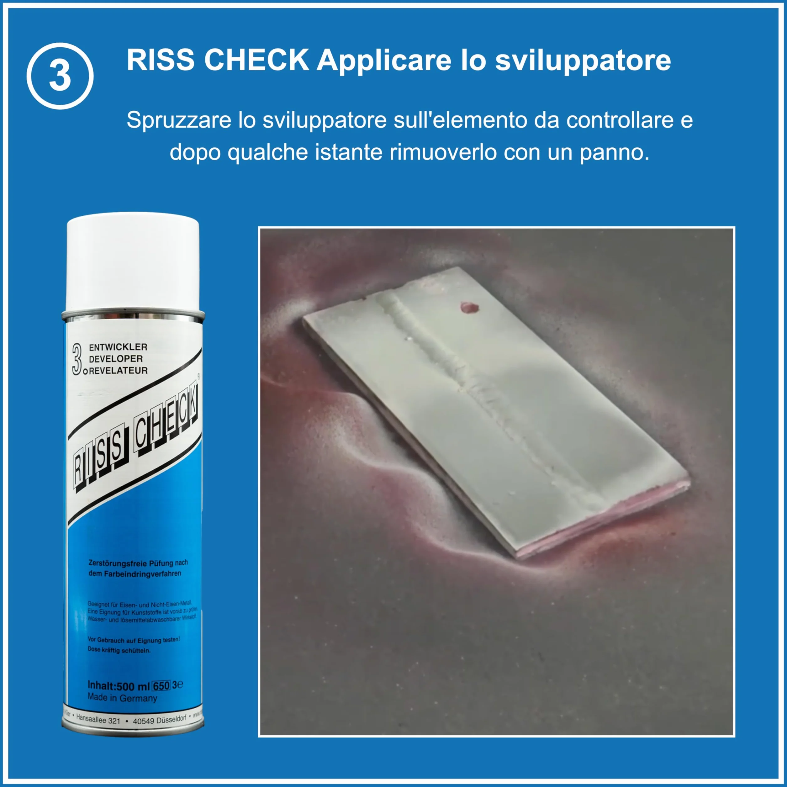 RvK RISS CHECK – Kit controllo crepe 3×500 ml – Spray detergente, spray rilevatore rosso, spray contrasto bianco – Prova non distruttiva DIN EN ISO 3452-2