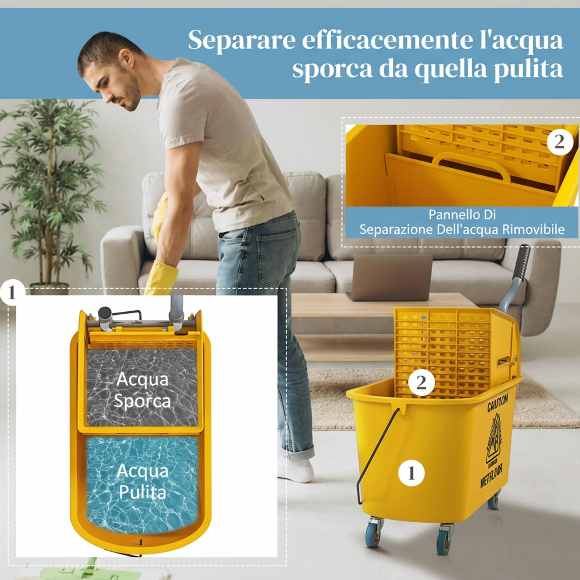 HOMCOM Carrello Pulizie 20L con Mocio e Secchio Lavapavimenti, Strizzatore Plastica, 4 Ruote, Giallo