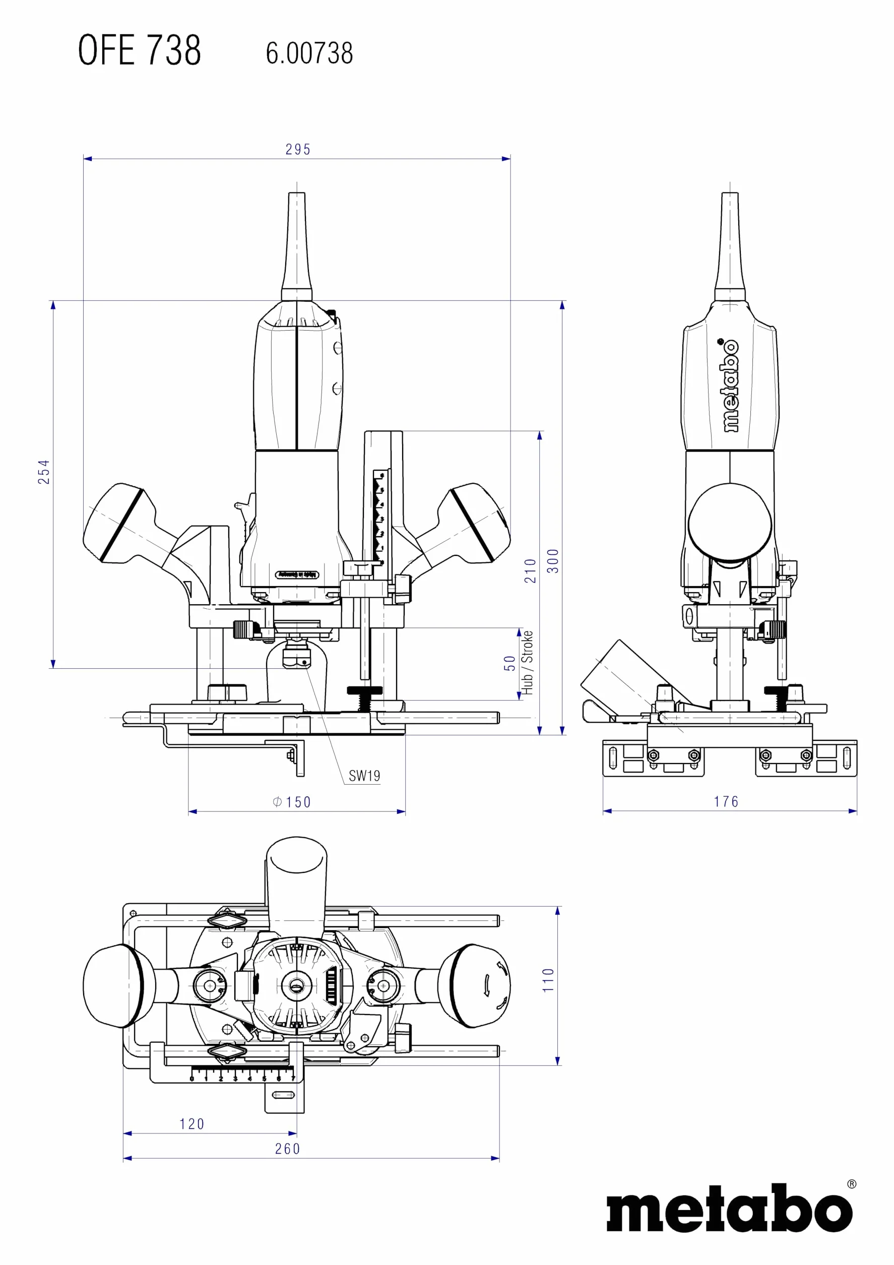 Metabo Fresatrice verticale OFE 738 – 600738000 – Fresatrice robusta con motore Marathon – Potenza assorbita nominale: 710 W – Cavo da 4 m