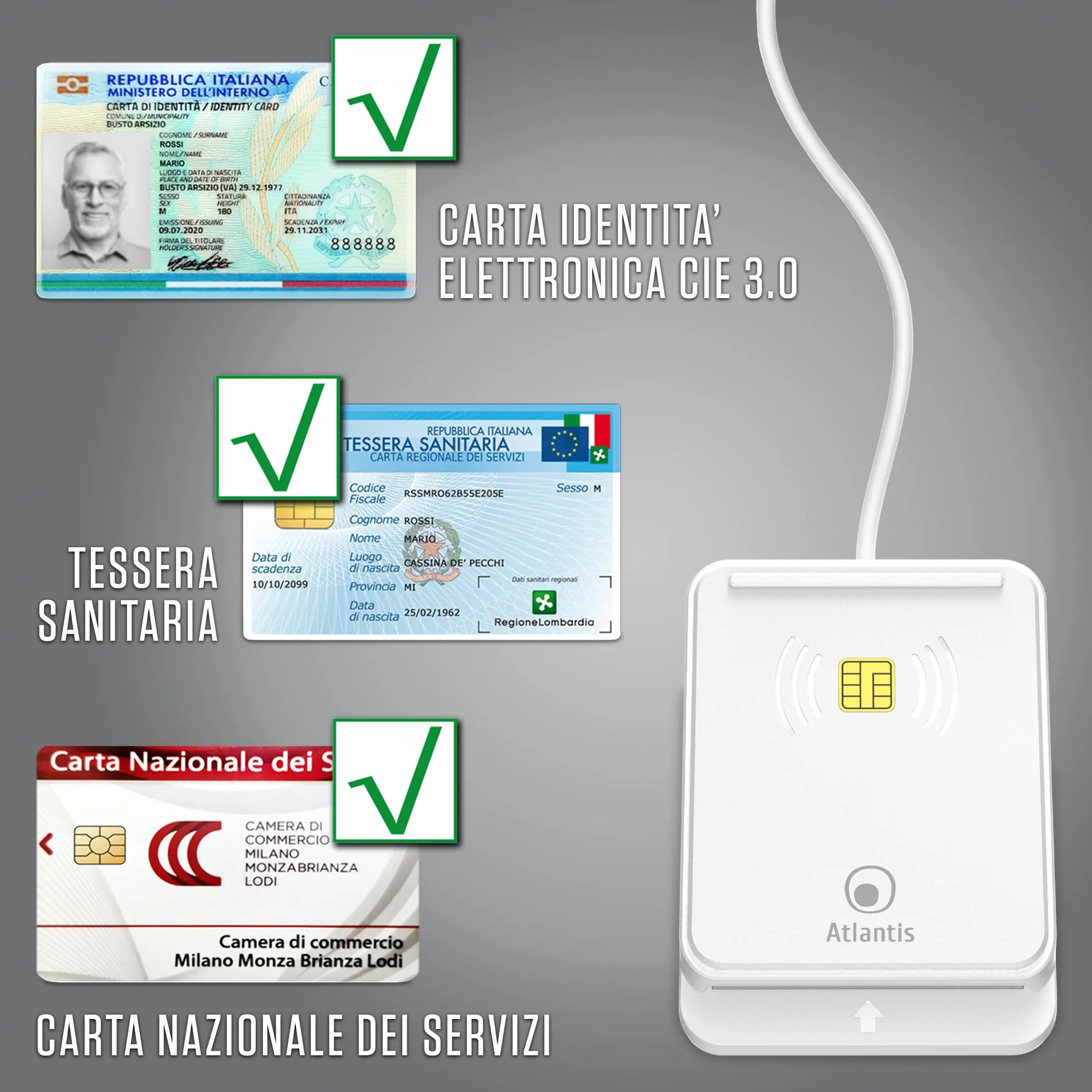 Atlantis lettore cie 3.0 carta d'identità elettronica e tessera sanitaria italiana, lettore smart card cns carta nazionale dei servizi, adatto per INPS, Ag. delle entrate, INAIL, Fascicolo sanitario